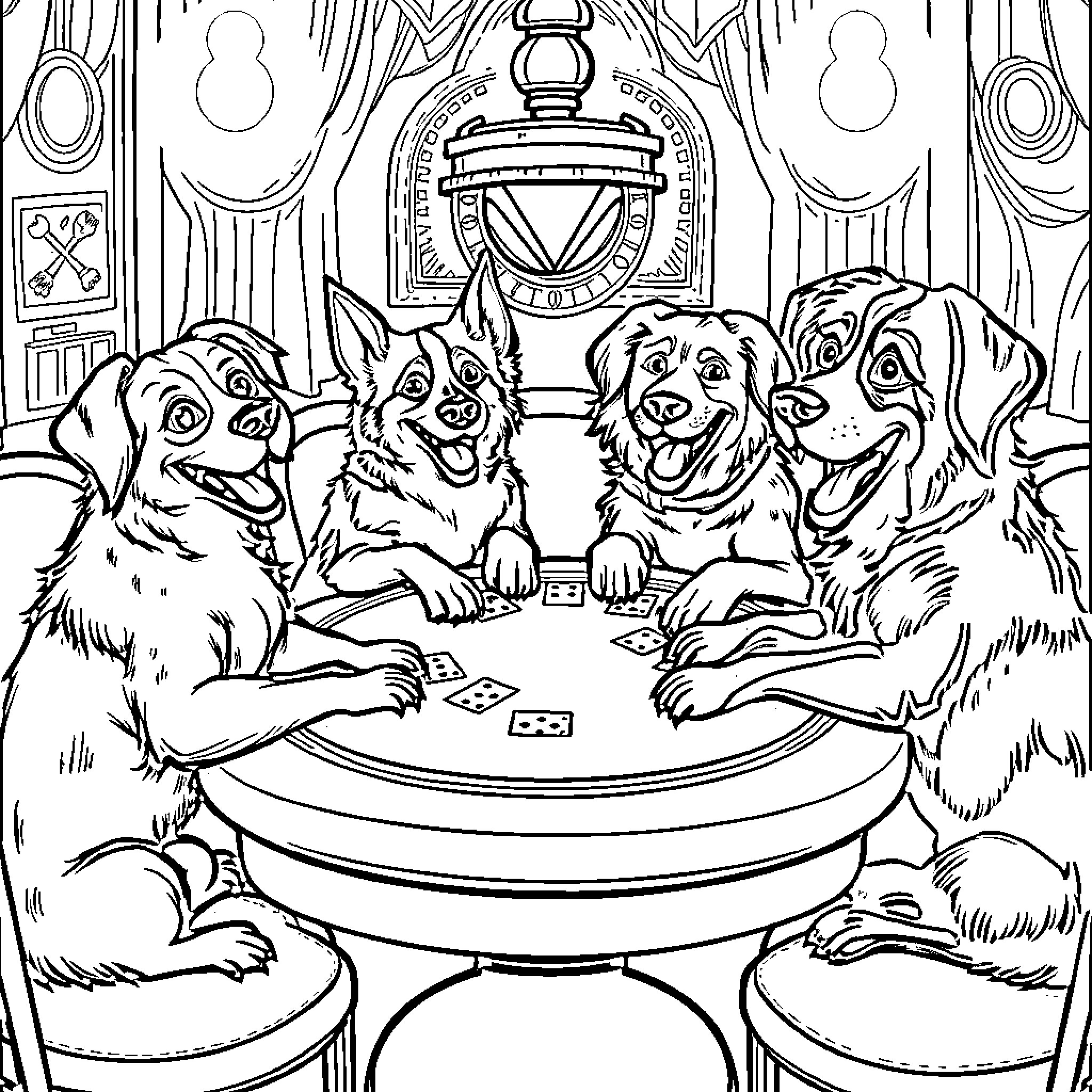 Dogs playing poker in an elegant room Coloring Page (free black-and-white line drawing printable PDF for all, from beginners to advanced learners, including children, teens, adults, and seniors)