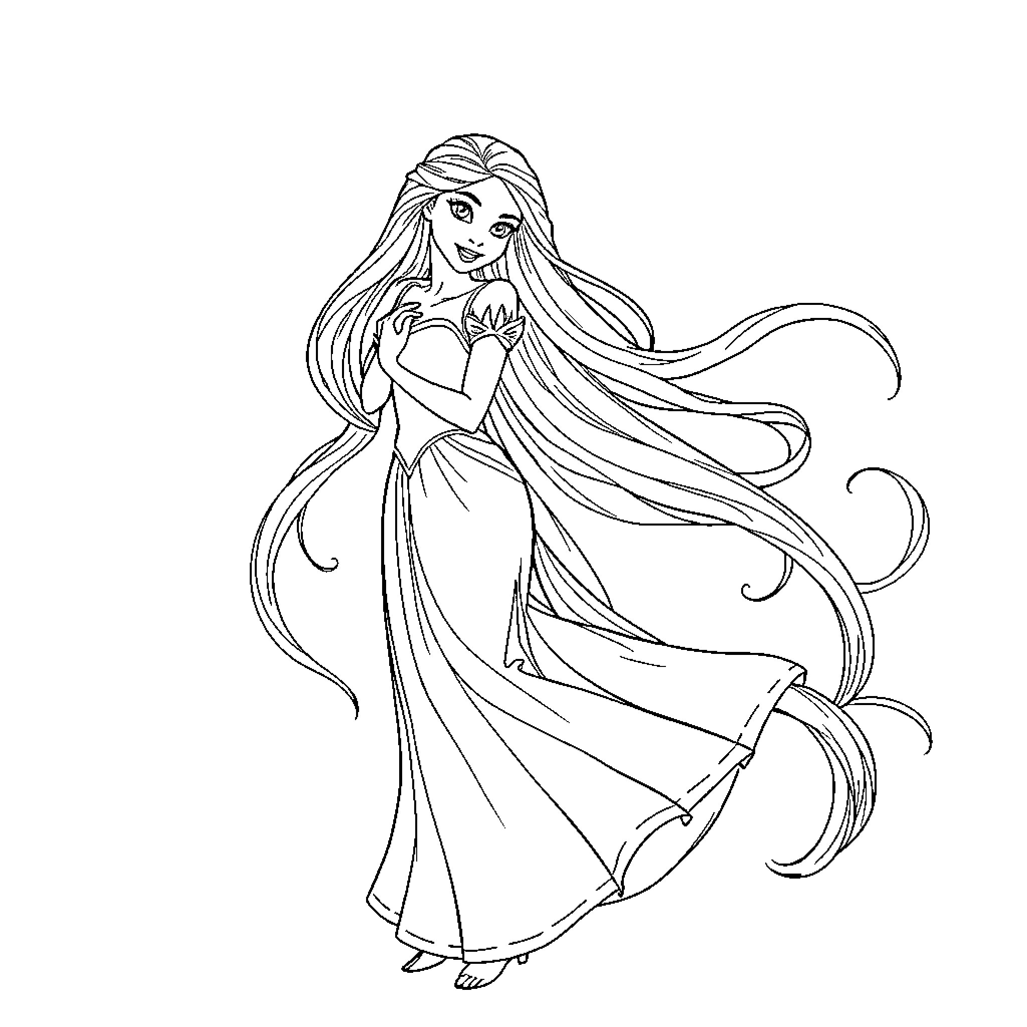 Rapunzel's Enchanting Elegance Coloring Page (free black-and-white line drawing printable PDF for all, from beginners to advanced learners, including children, teens, adults, and seniors)