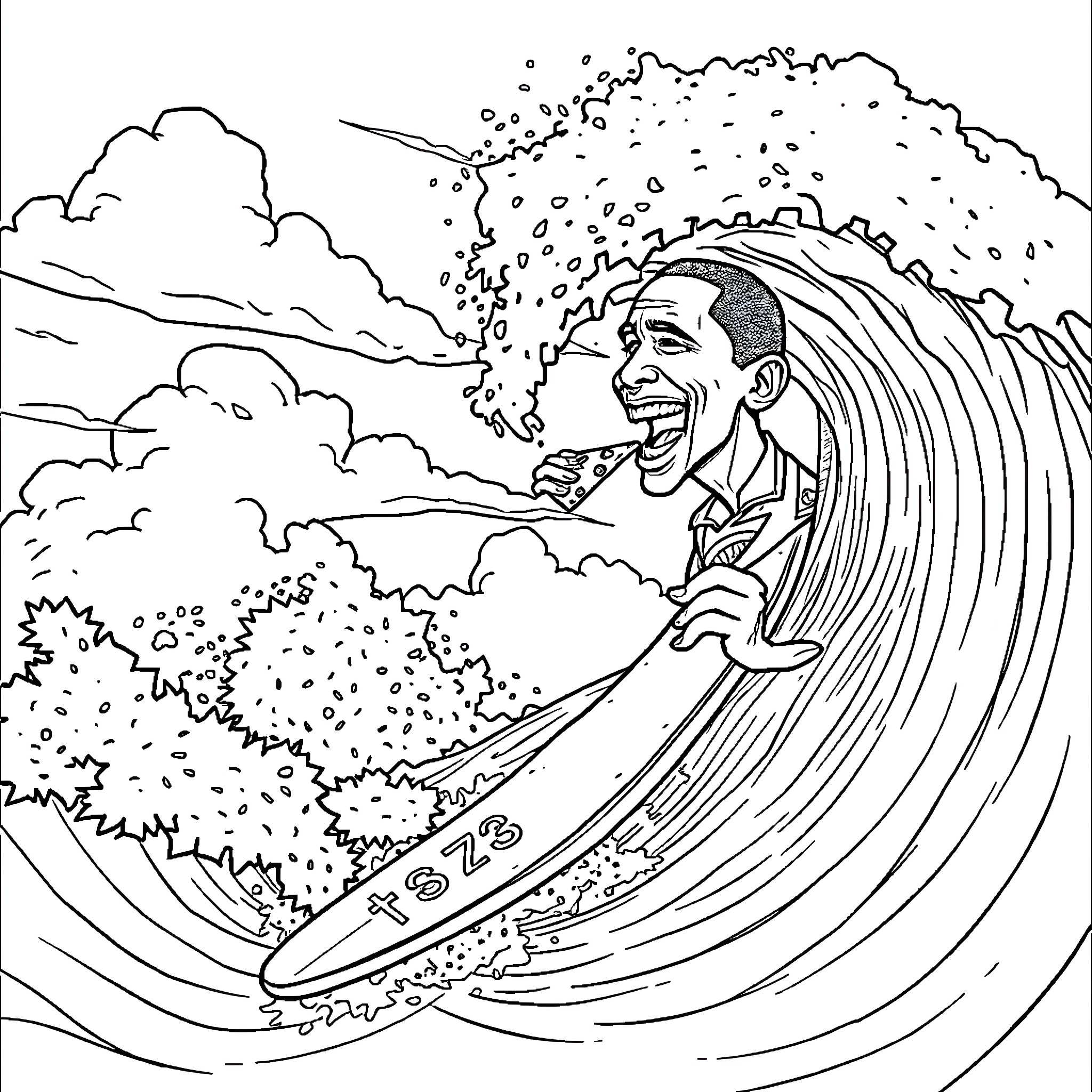 Obama surfing a massive wave of change Coloring Page (free black-and-white line drawing printable PDF for all, from beginners to advanced learners, including children, teens, adults, and seniors)