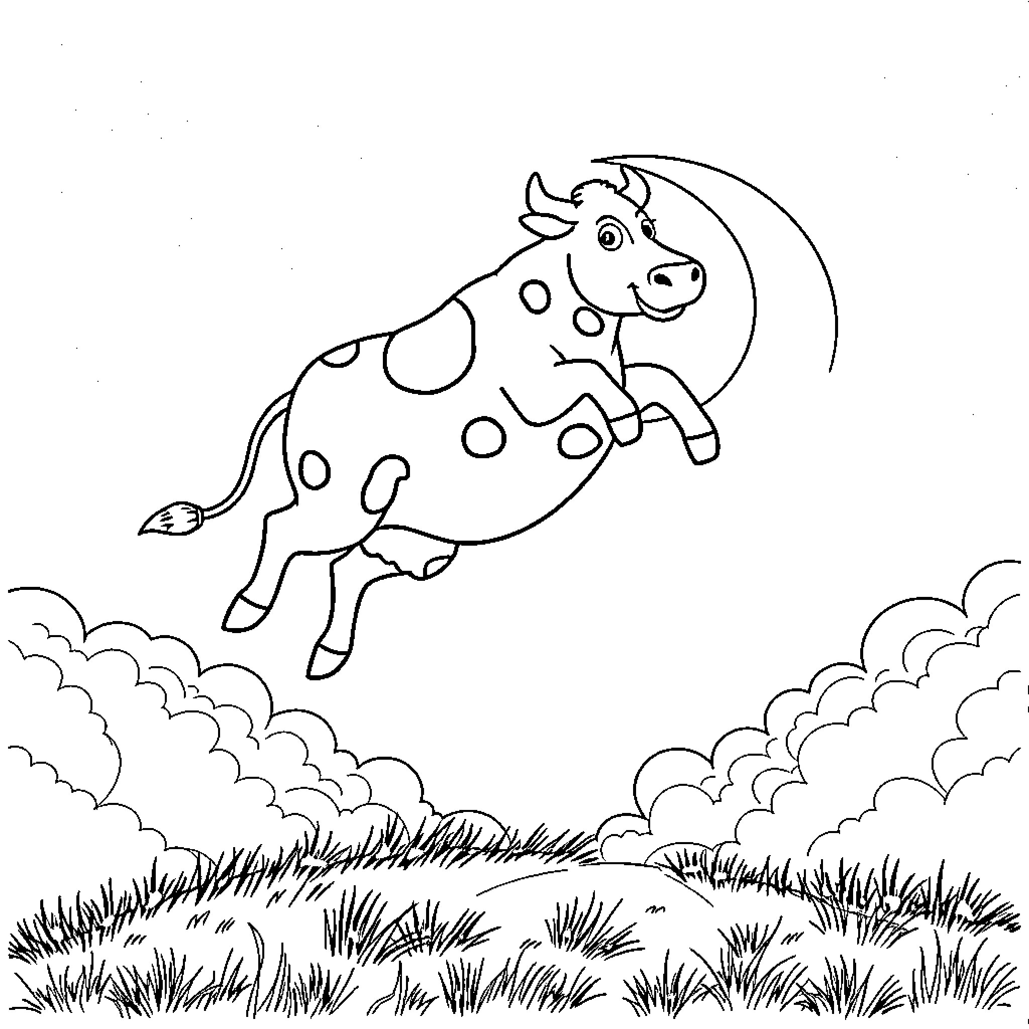 Cow jumping happily over the fields Coloring Page (free black-and-white line drawing printable PDF for all, from beginners to advanced learners, including children, teens, adults, and seniors)