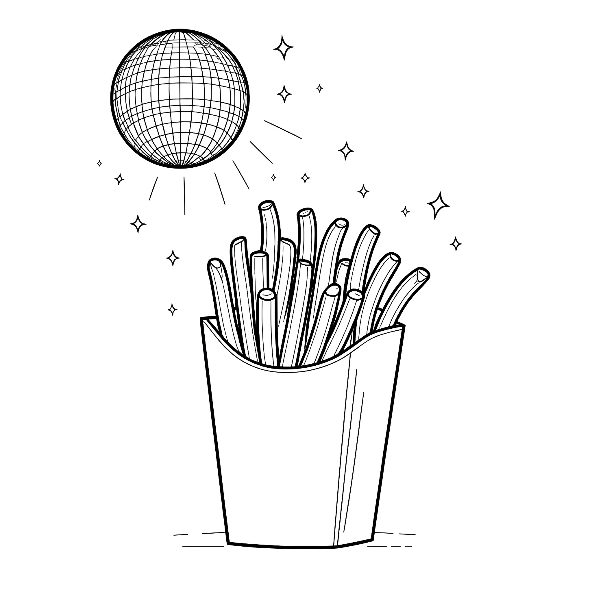 French Fries under shining disco ball Coloring Page (free black-and-white line drawing printable PDF for all, from beginners to advanced learners, including children, teens, adults, and seniors)