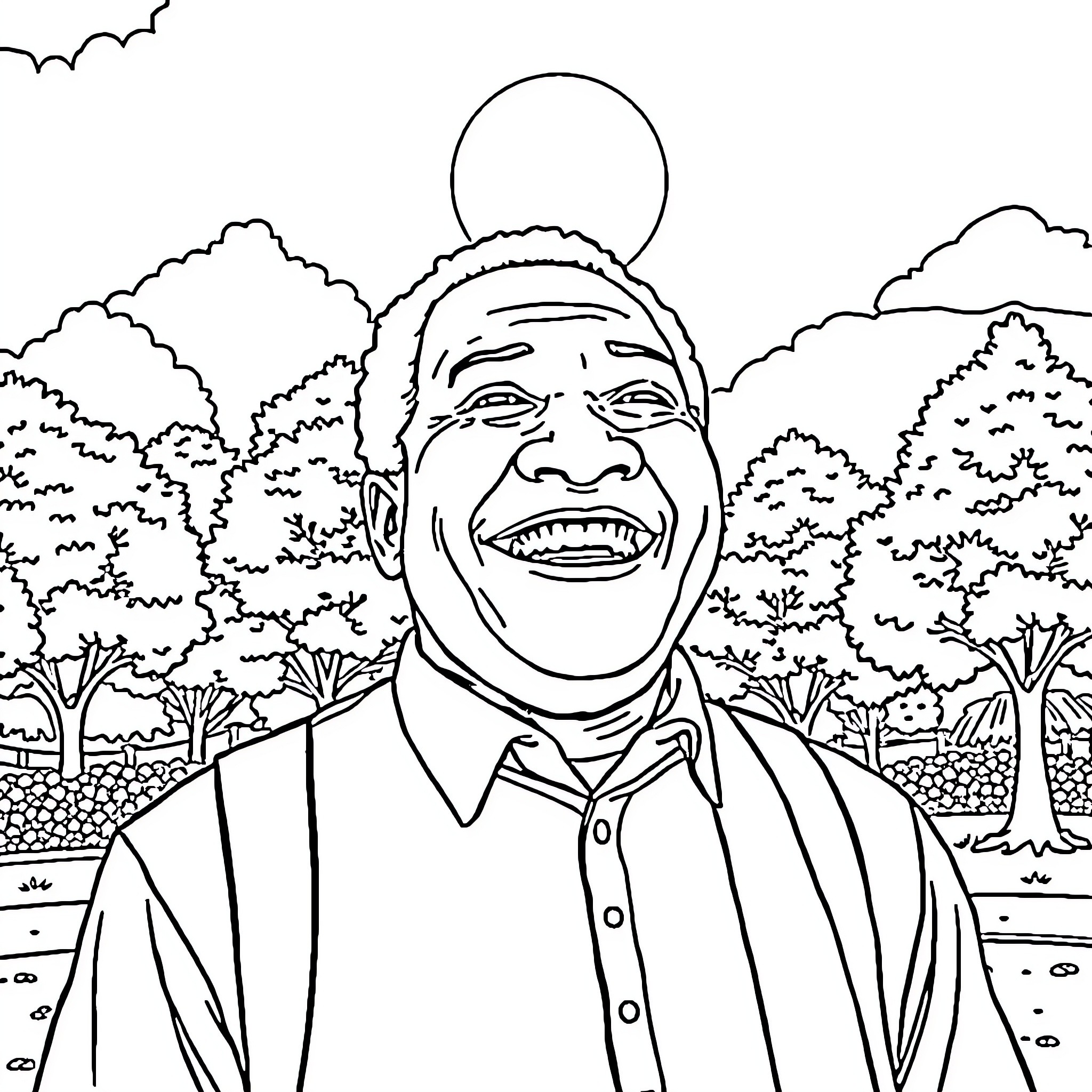 Jackson Lee's joyful portrait in a serene landscape Coloring Page (free black-and-white line drawing printable PDF for all, from beginners to advanced learners, including children, teens, adults, and seniors)