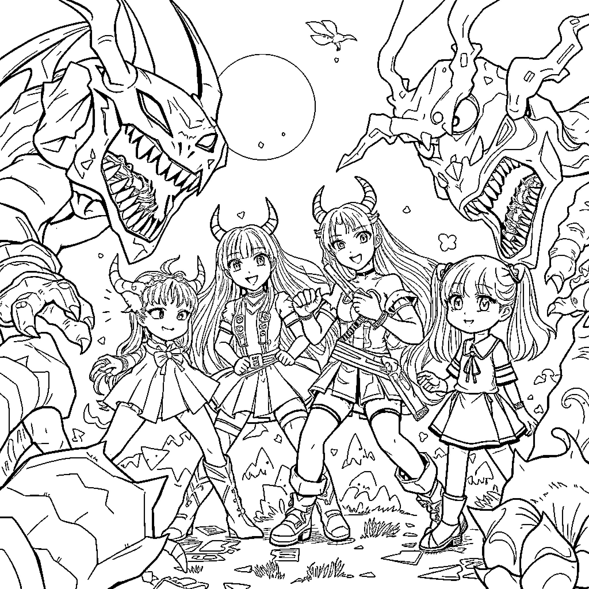 Hunter girls in fantastical adventure Coloring Page (free black-and-white line drawing printable PDF for all, from beginners to advanced learners, including children, teens, adults, and seniors)