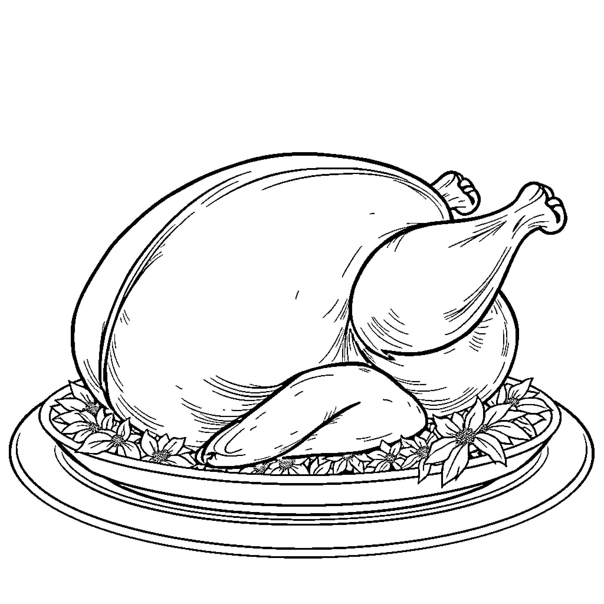 Turkey roasted with festive garnishes Coloring Page (free black-and-white line drawing printable PDF for all, from beginners to advanced learners, including children, teens, adults, and seniors)