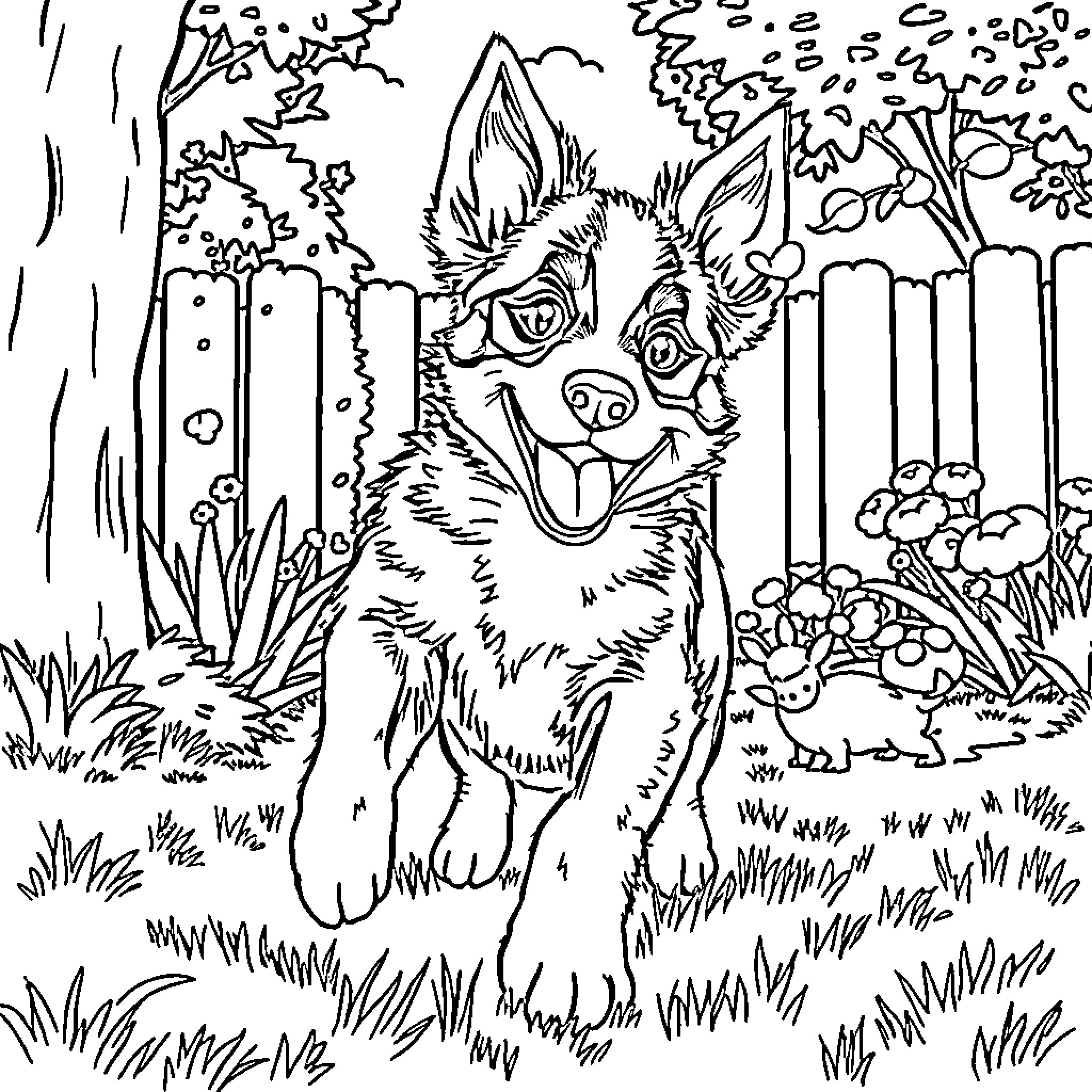 Bluey playing in the backyard with nature Coloring Page (free black-and-white line drawing printable PDF for all, from beginners to advanced learners, including children, teens, adults, and seniors)