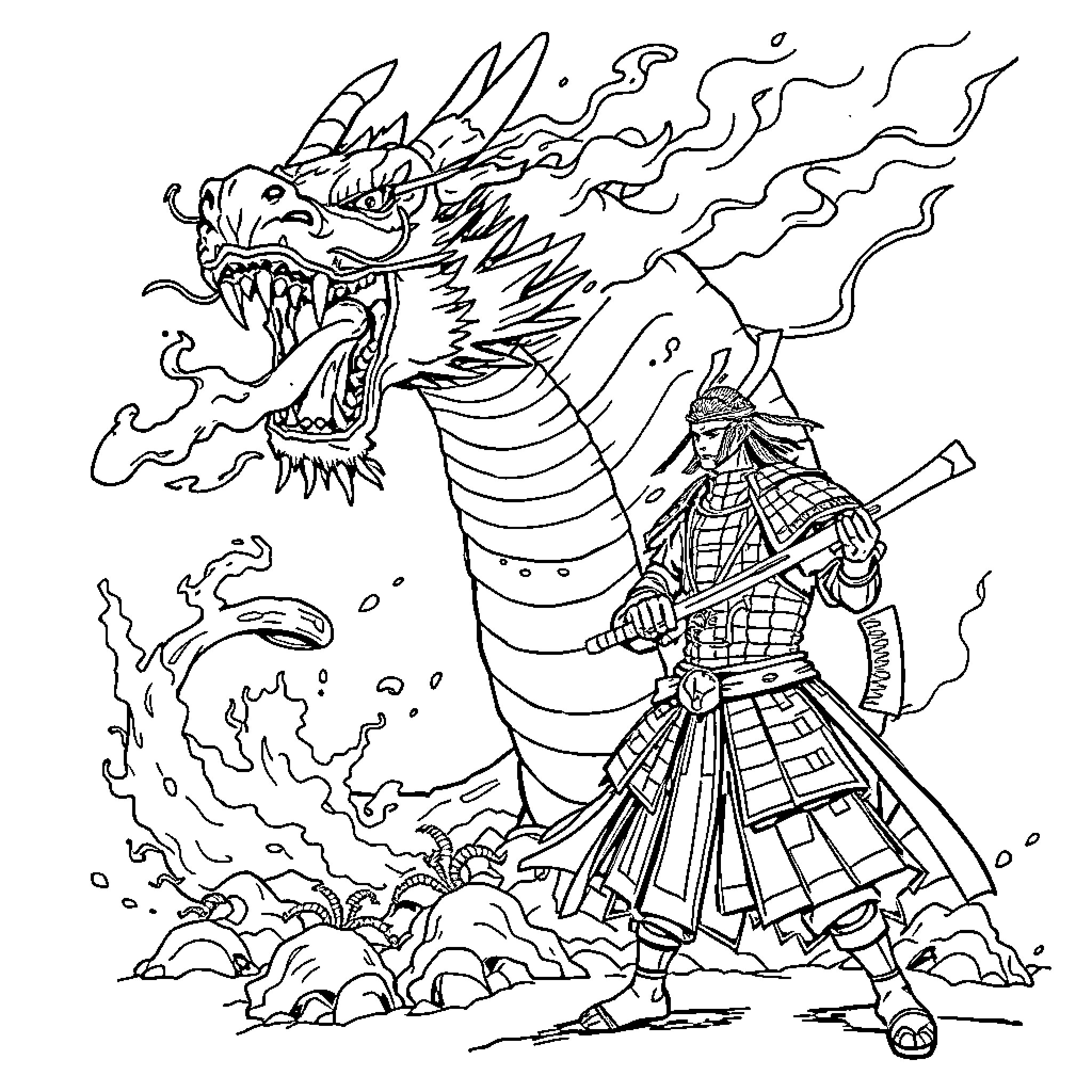 Dragon warrior fiercely battling a fierce dragon Coloring Page (free black-and-white line drawing printable PDF for all, from beginners to advanced learners, including children, teens, adults, and seniors)
