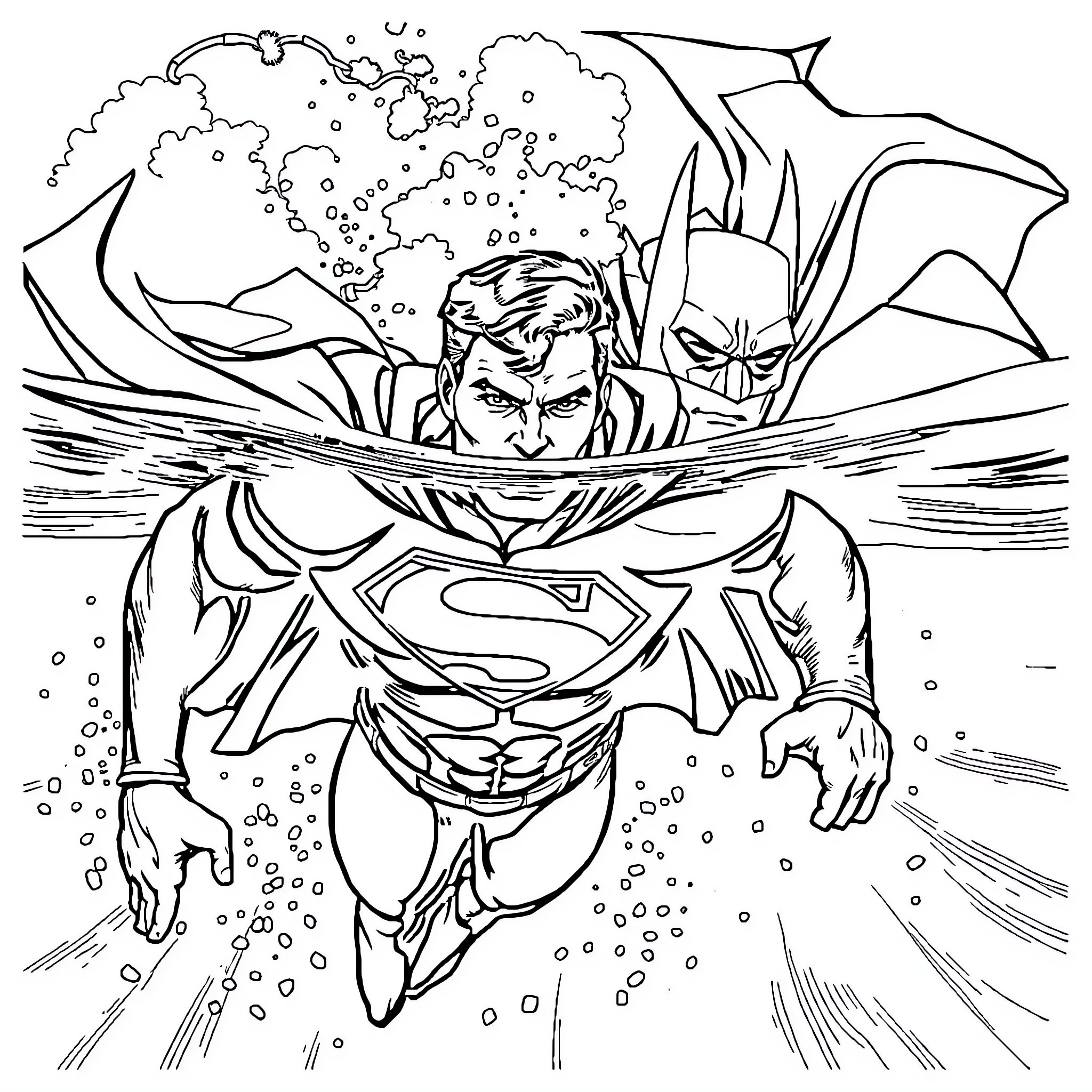 Superman heroically saving the day underwater Coloring Page (free black-and-white line drawing printable PDF for all, from beginners to advanced learners, including children, teens, adults, and seniors)