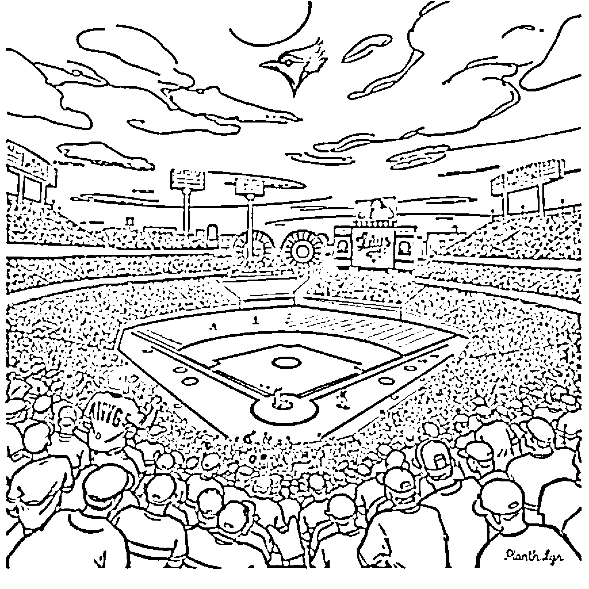 Baseball game in a bustling stadium Coloring Page (free black-and-white line drawing printable PDF for all, from beginners to advanced learners, including children, teens, adults, and seniors)