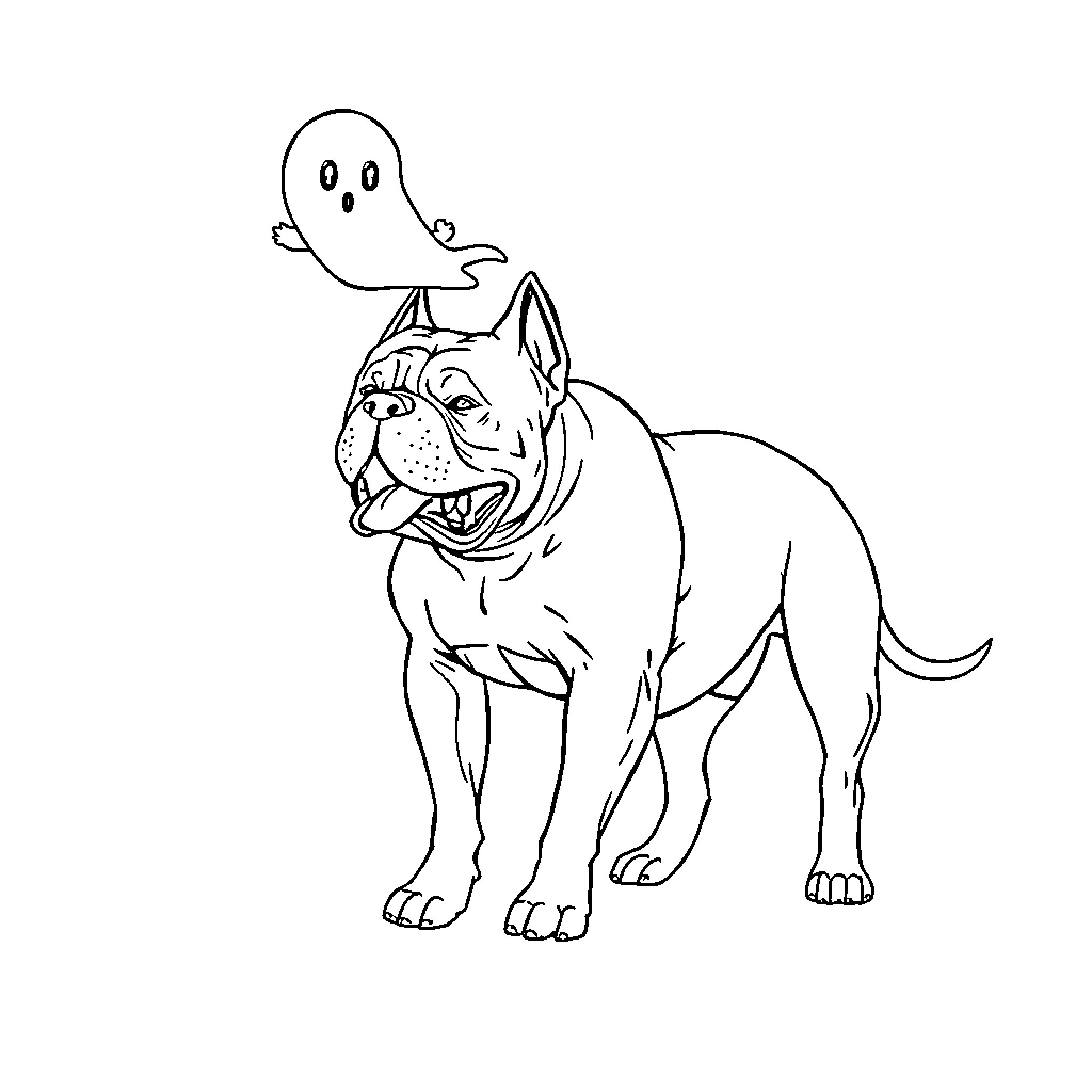 Ghost playing with happy dog in sketch Coloring Page (free black-and-white line drawing printable PDF for all, from beginners to advanced learners, including children, teens, adults, and seniors)
