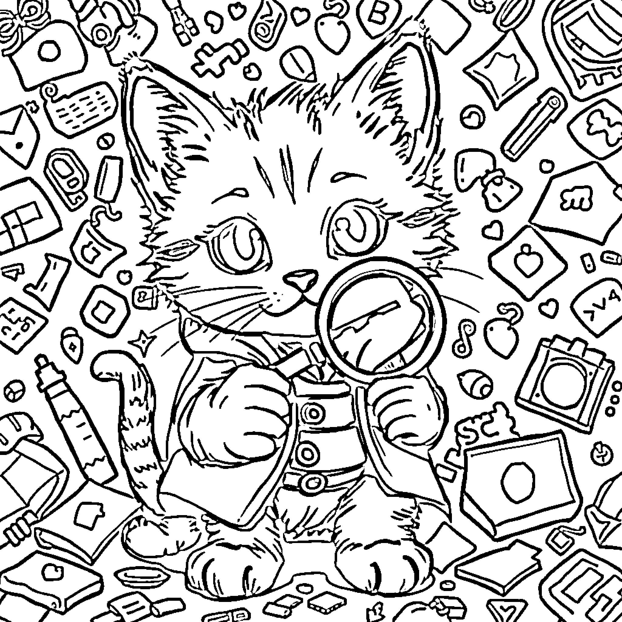 Kitten Exploring a World of Curiosities Coloring Page (free black-and-white line drawing printable PDF for all, from beginners to advanced learners, including children, teens, adults, and seniors)