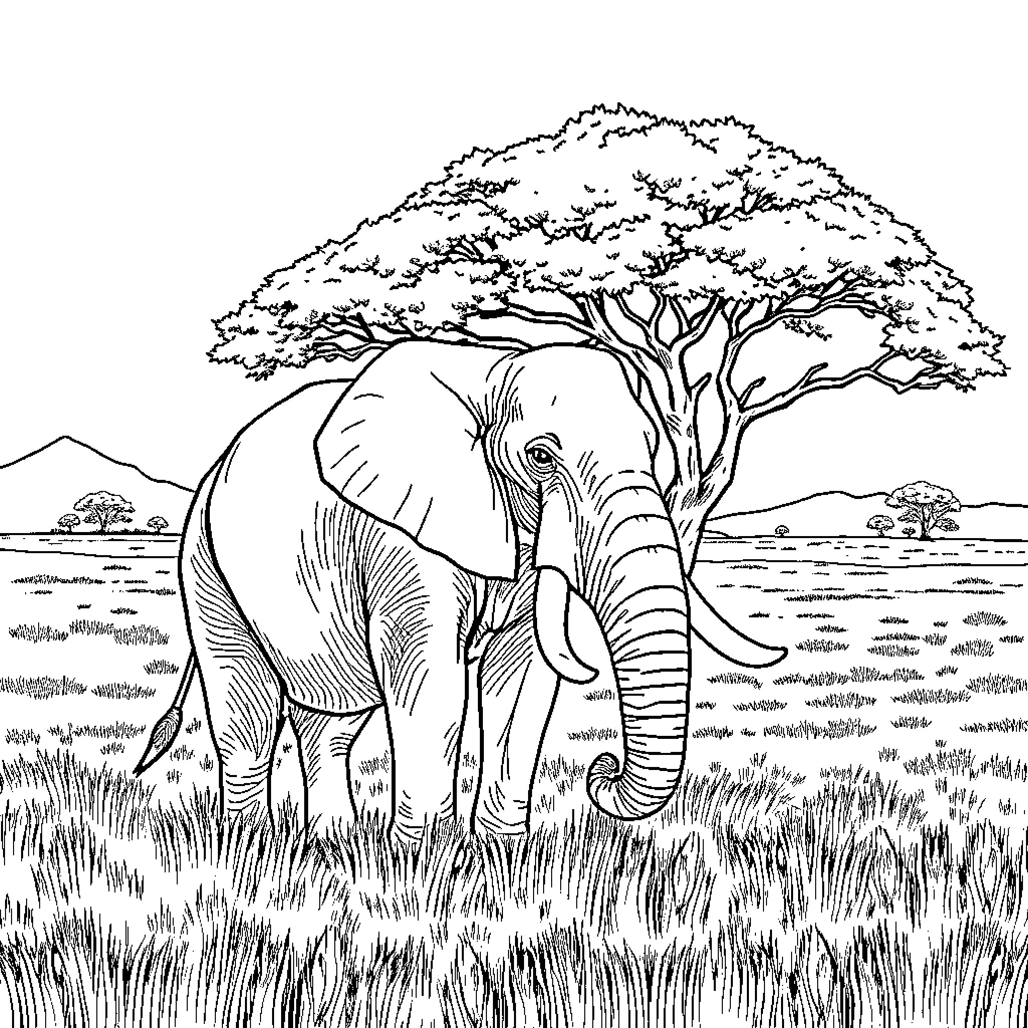 Elephant standing under a tree in a grassland Coloring Page (free black-and-white line drawing printable PDF for all, from beginners to advanced learners, including children, teens, adults, and seniors)