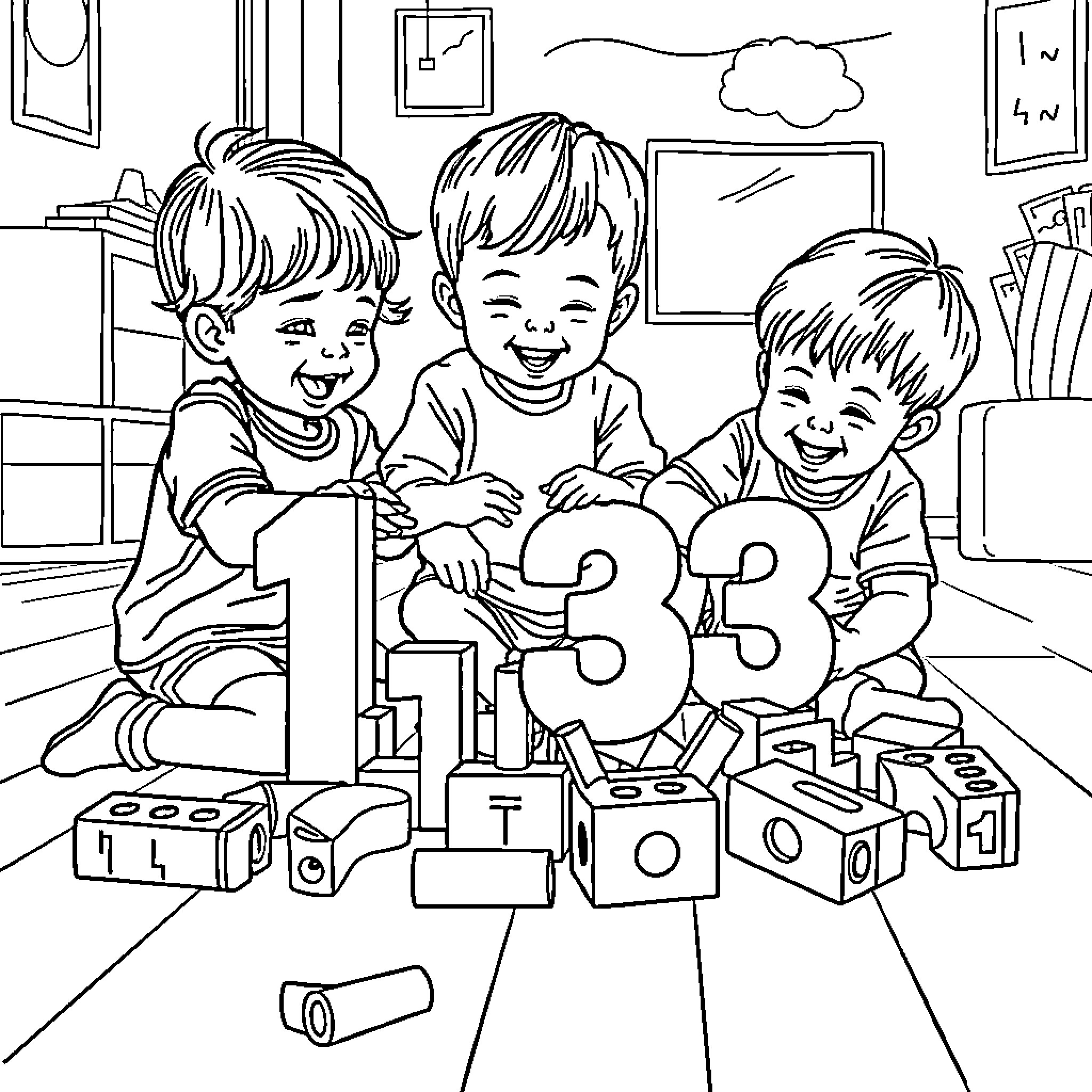 Children playing happily with building blocks Coloring Page (free black-and-white line drawing printable PDF for all, from beginners to advanced learners, including children, teens, adults, and seniors)