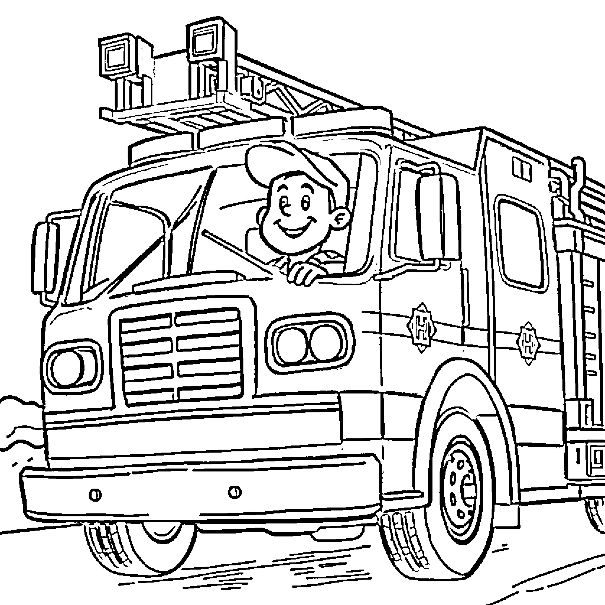 Fire Truck with Smiling Firefighter at the Wheel Coloring Page (free black-and-white line drawing printable PDF for all, from beginners to advanced learners, including children, teens, adults, and seniors)