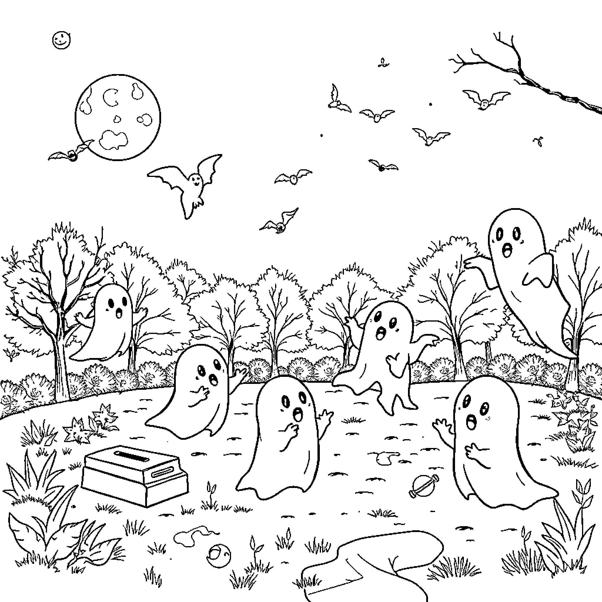 Ghost Parade of Spooky Figures in Enchanted Forest Coloring Page (free black-and-white line drawing printable PDF for all, from beginners to advanced learners, including children, teens, adults, and seniors)