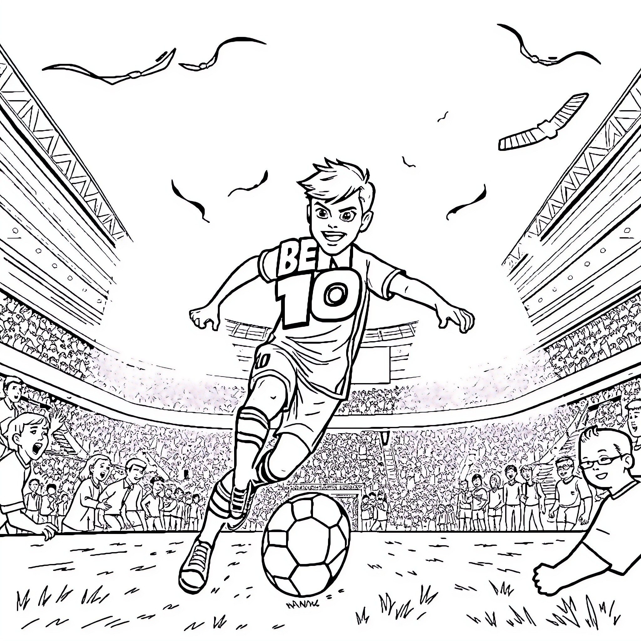 Ben 10 playing soccer in a stadium full of cheering fans Coloring Page (free black-and-white line drawing printable PDF for all, from beginners to advanced learners, including children, teens, adults, and seniors)