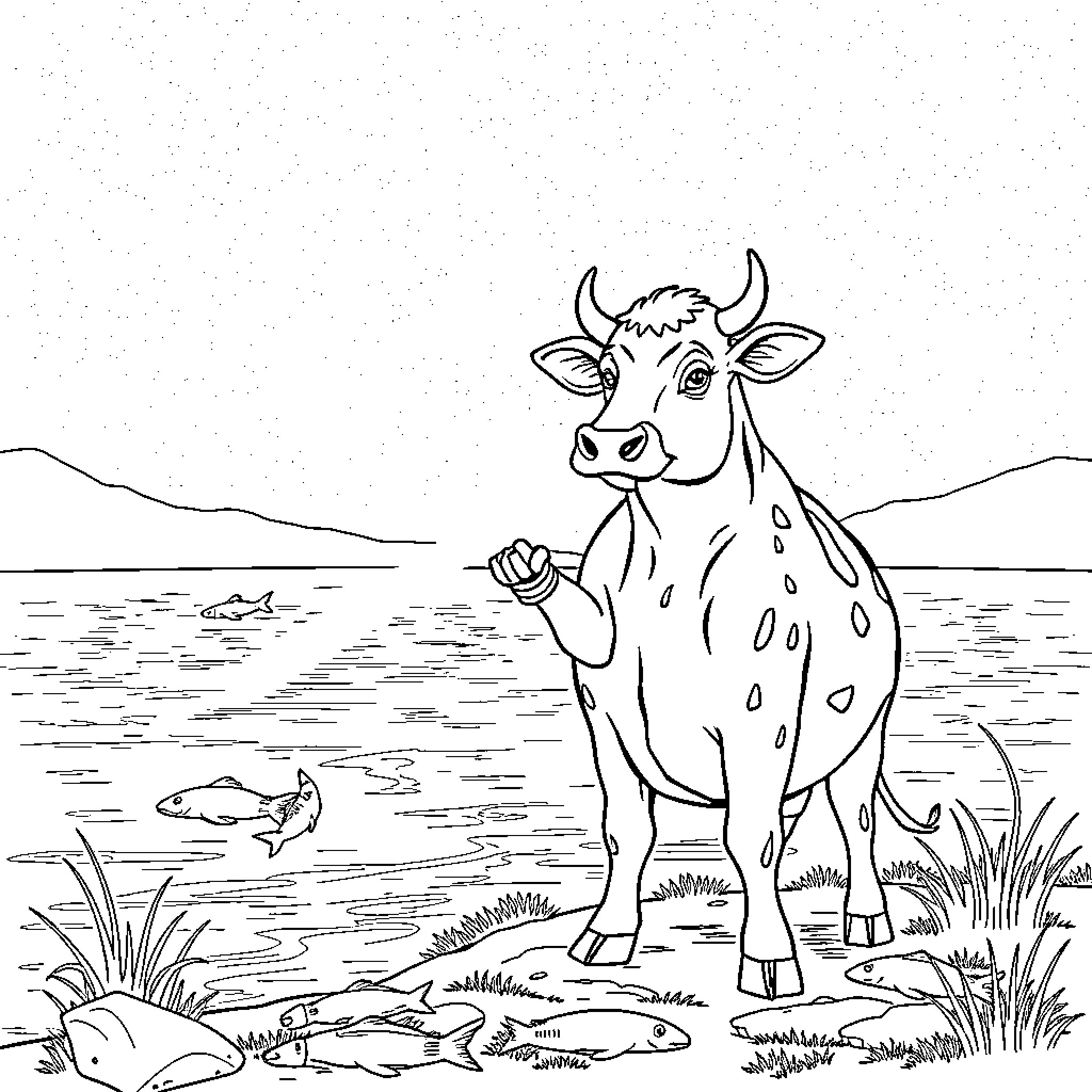 Cow standing by the lake Coloring Page (free black-and-white line drawing printable PDF for all, from beginners to advanced learners, including children, teens, adults, and seniors)