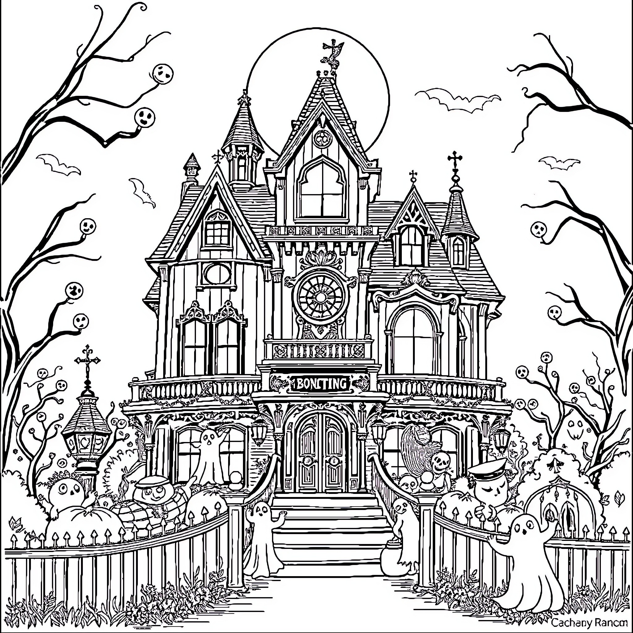 Haunted Mansion with Ghostly Figures and Spooky Decor Coloring Page (free black-and-white line drawing printable PDF for all, from beginners to advanced learners, including children, teens, adults, and seniors)