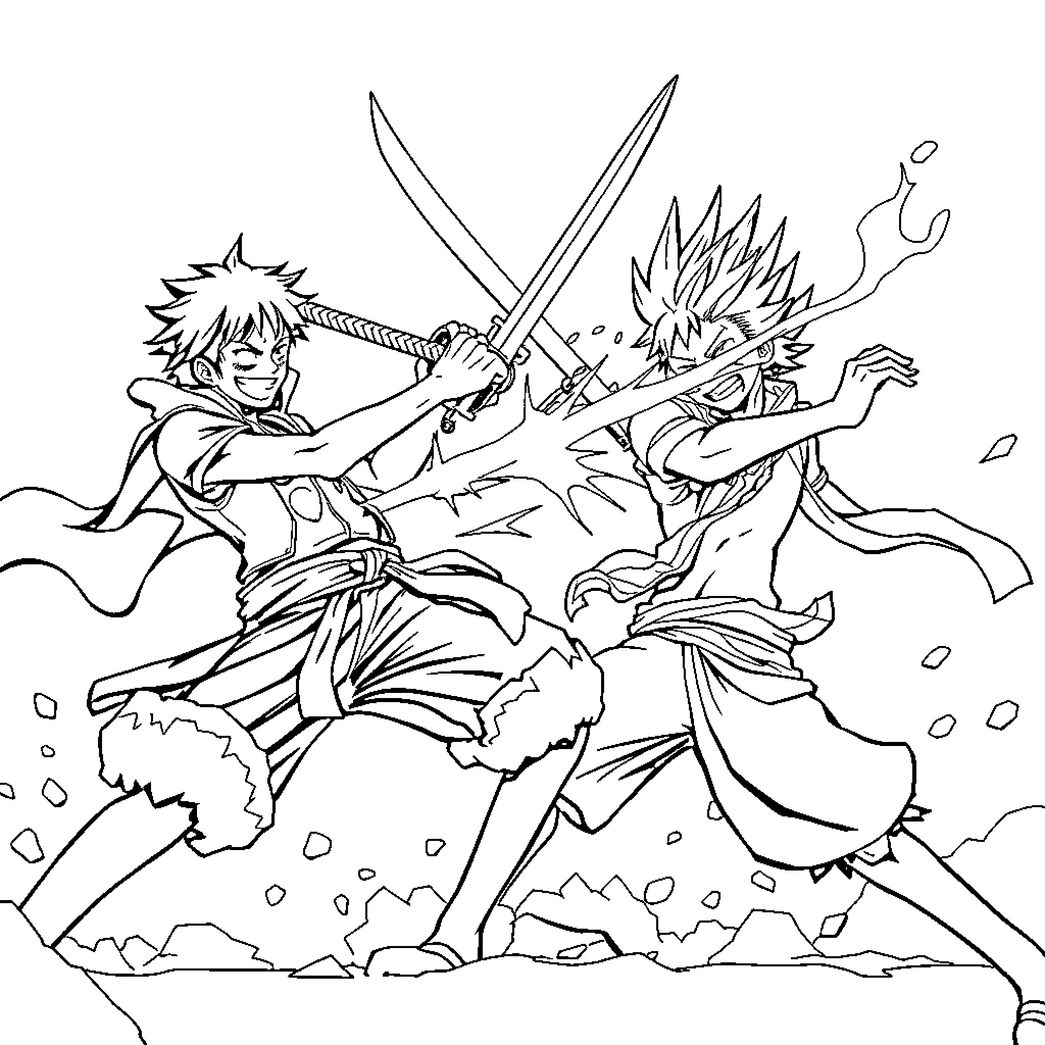 Luffy's Sword Clash with Rivals in Epic Battle Coloring Page (free black-and-white line drawing printable PDF for all, from beginners to advanced learners, including children, teens, adults, and seniors)