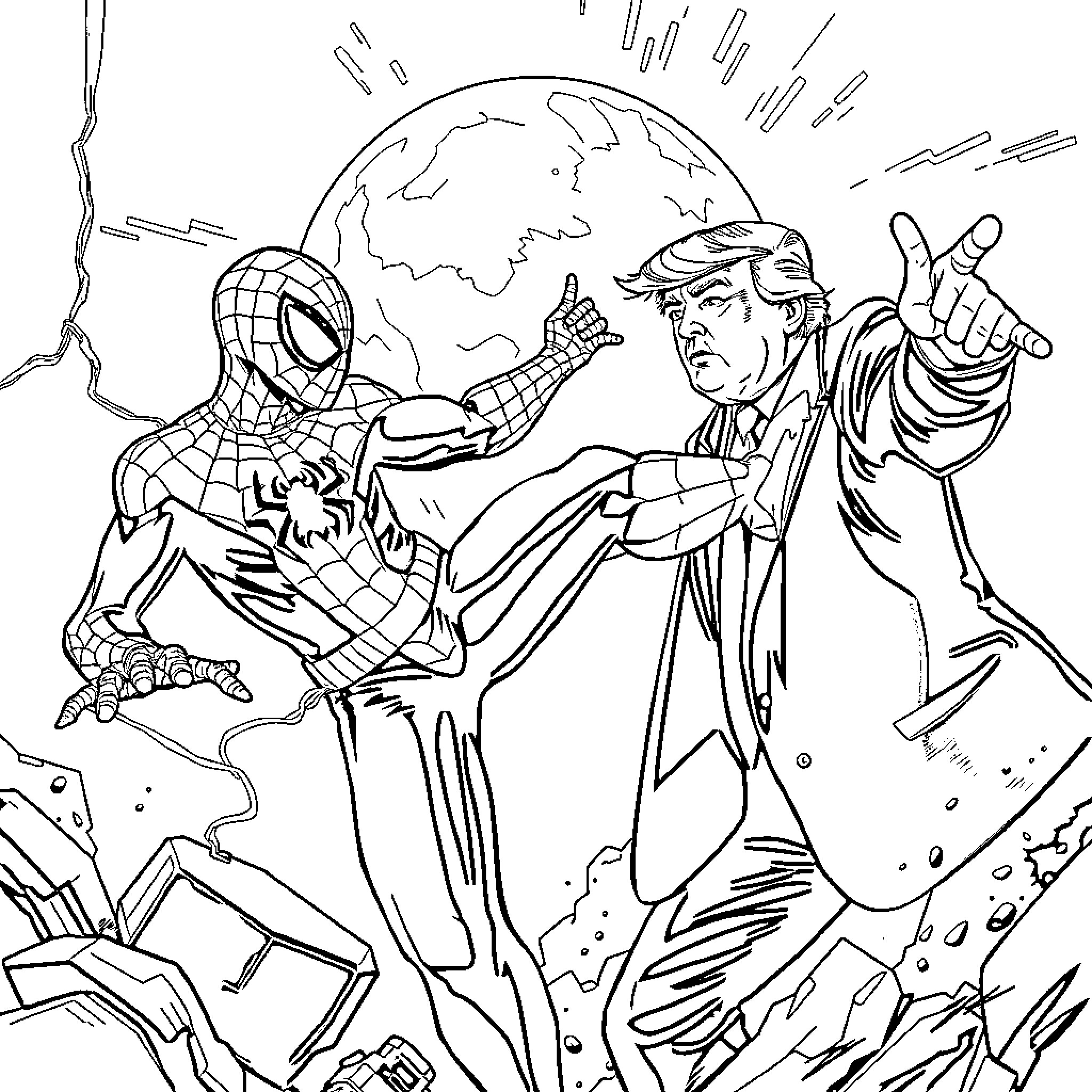 Trump Confronts Spider-Man in Dramatic Conflict Coloring Page (free black-and-white line drawing printable PDF for all, from beginners to advanced learners, including children, teens, adults, and seniors)