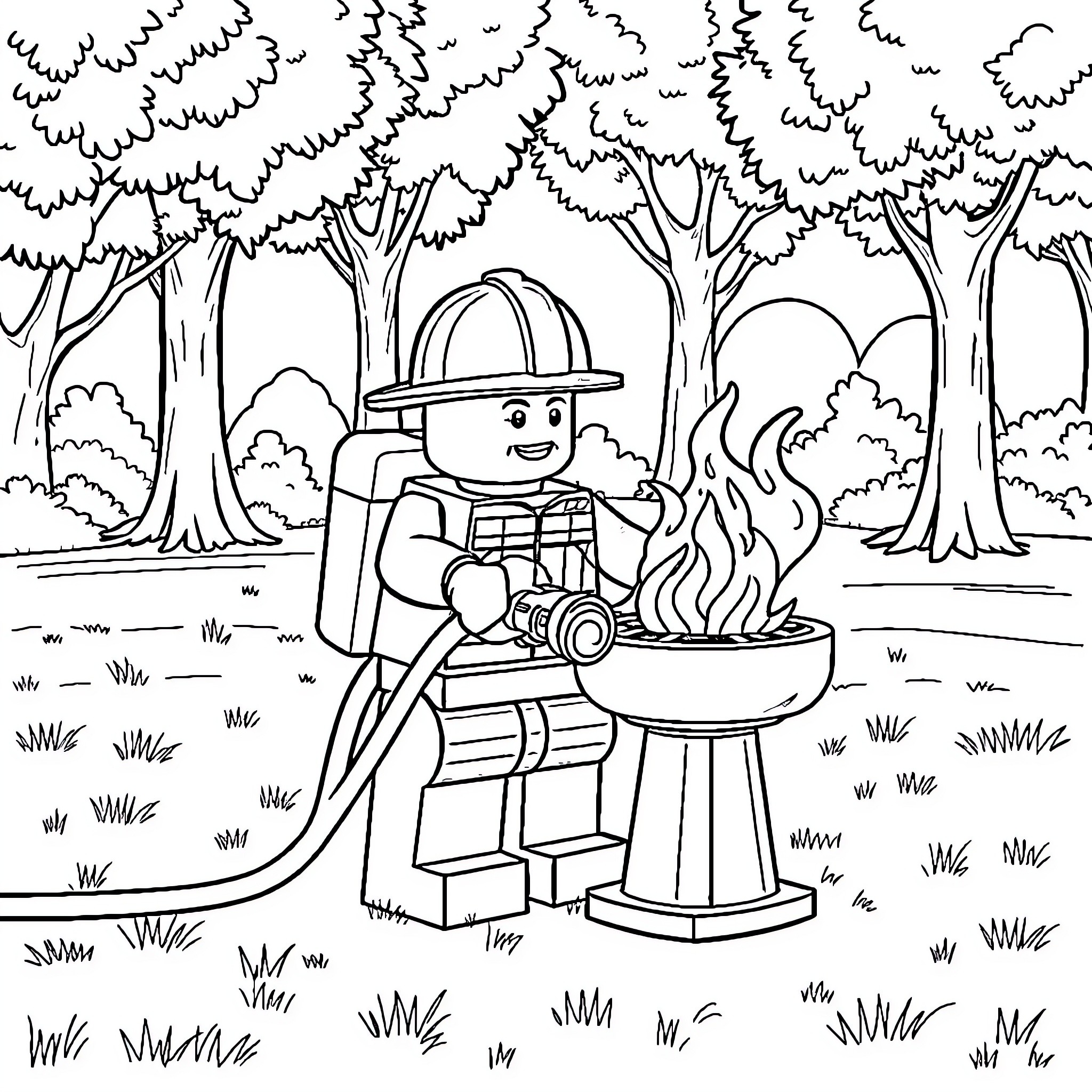 Fireman extinguishing a fire in the forest Coloring Page (free black-and-white line drawing printable PDF for all, from beginners to advanced learners, including children, teens, adults, and seniors)