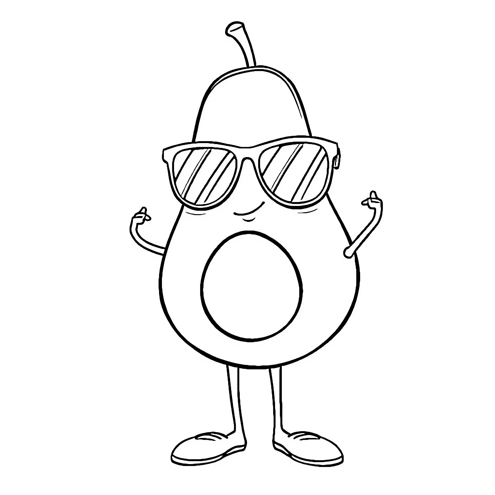 Avocado wearing stylish sunglasses Coloring Page (free black-and-white line drawing printable PDF for all, from beginners to advanced learners, including children, teens, adults, and seniors)