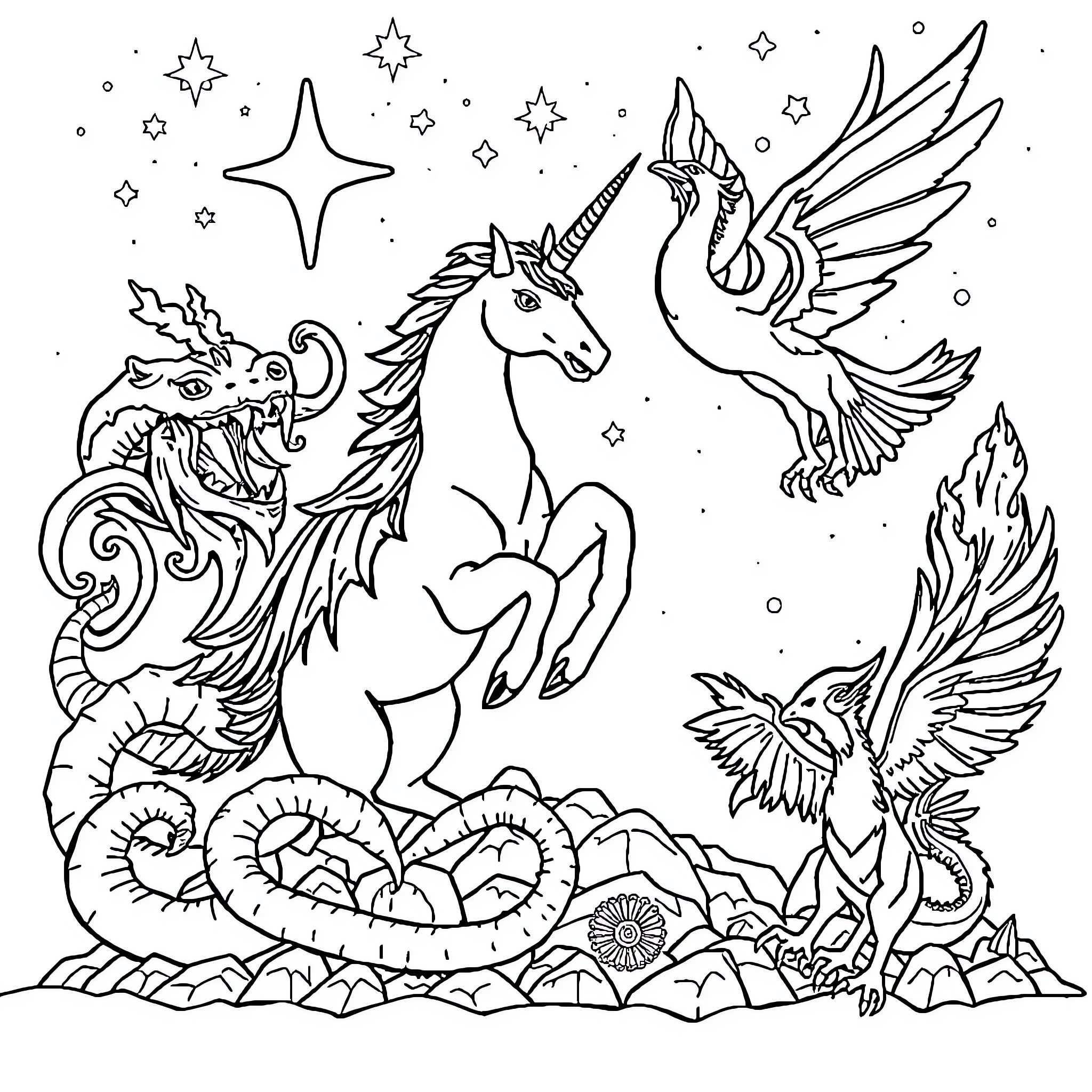 Mythical Beast in Fantastical Landscape Coloring Page (free black-and-white line drawing printable PDF for all, from beginners to advanced learners, including children, teens, adults, and seniors)