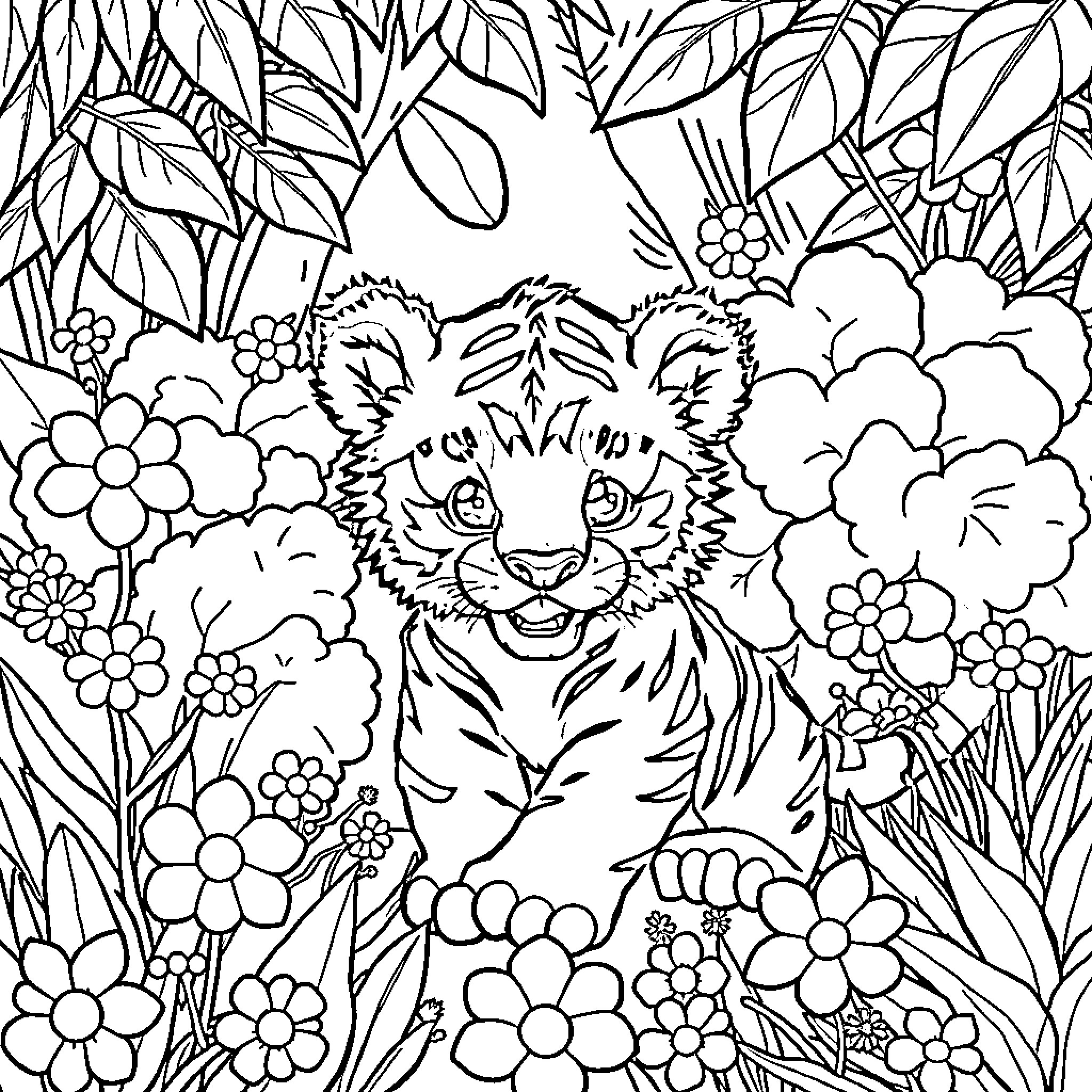 Tiger cub exploring the lush floral garden Coloring Page (free black-and-white line drawing printable PDF for all, from beginners to advanced learners, including children, teens, adults, and seniors)