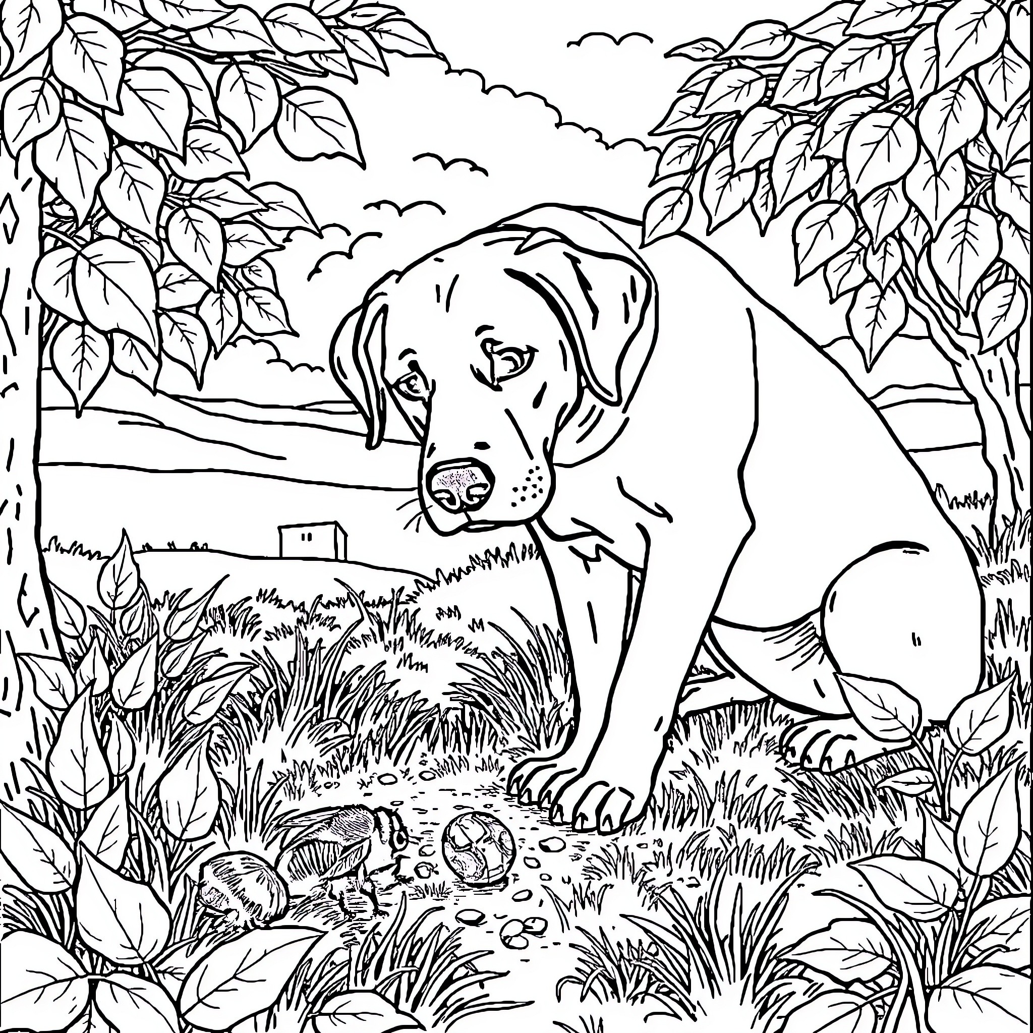 Labrador exploring nature's wonders Coloring Page (free black-and-white line drawing printable PDF for all, from beginners to advanced learners, including children, teens, adults, and seniors)