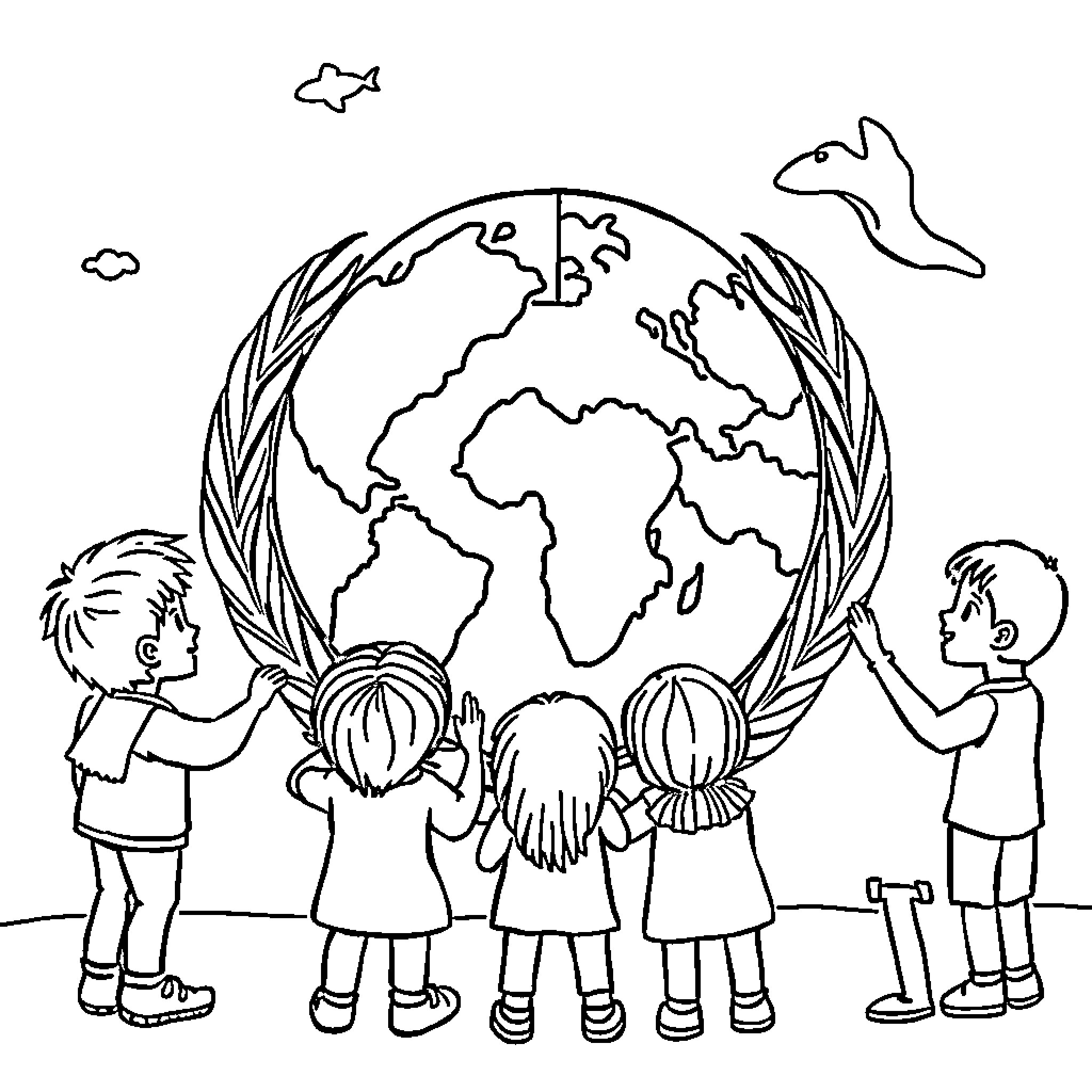 United Nations Children Embracing the World Coloring Page (free black-and-white line drawing printable PDF for all, from beginners to advanced learners, including children, teens, adults, and seniors)
