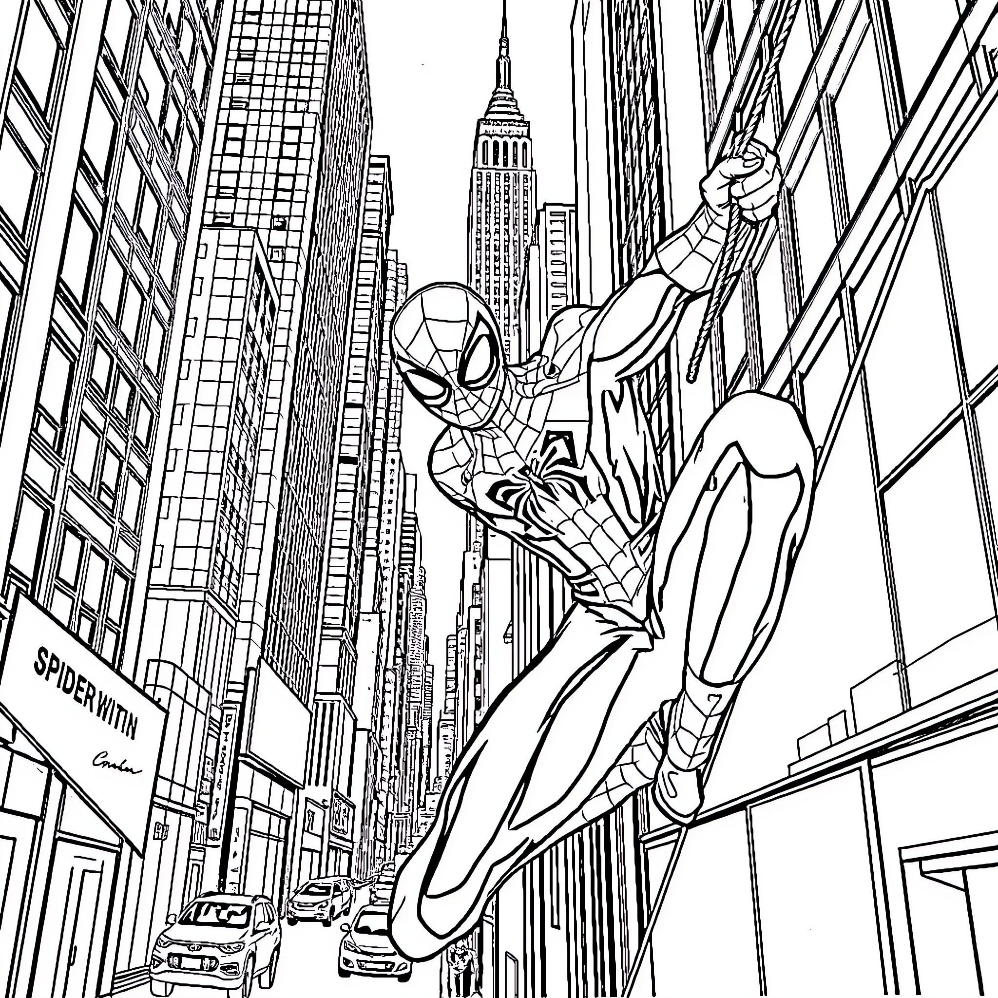 Spiderman swinging through the city skyline Coloring Page (free black-and-white line drawing printable PDF for all, from beginners to advanced learners, including children, teens, adults, and seniors)