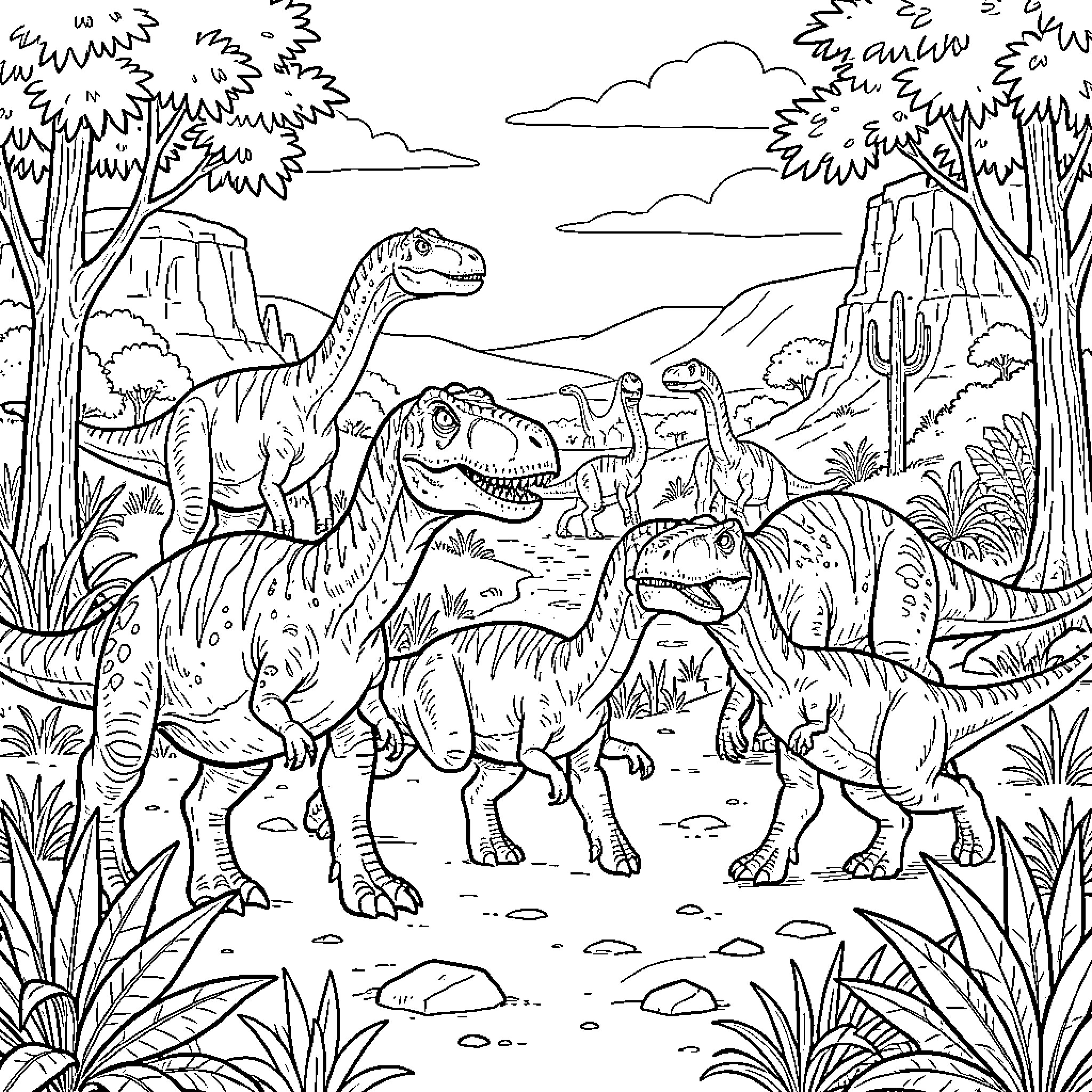 Dinosaur group walking through a prehistoric landscape Coloring Page (free black-and-white line drawing printable PDF for all, from beginners to advanced learners, including children, teens, adults, and seniors)