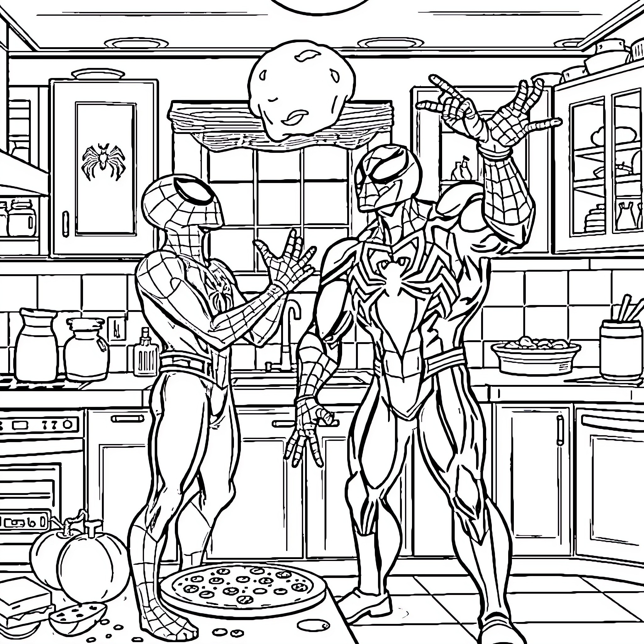 Spider-Man's heroic teamwork in the kitchen Coloring Page (free black-and-white line drawing printable PDF for all, from beginners to advanced learners, including children, teens, adults, and seniors)