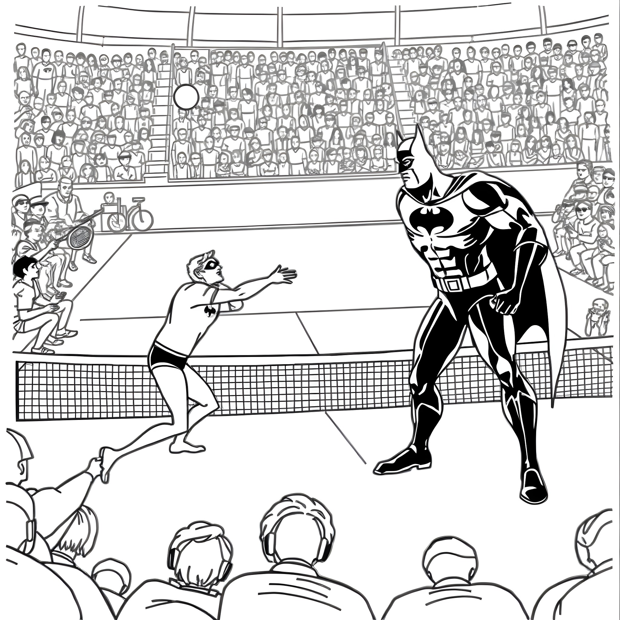Mr Incredible plays tennis with an opponent in a sports arena Coloring Page (free black-and-white line drawing printable PDF for all, from beginners to advanced learners, including children, teens, adults, and seniors)