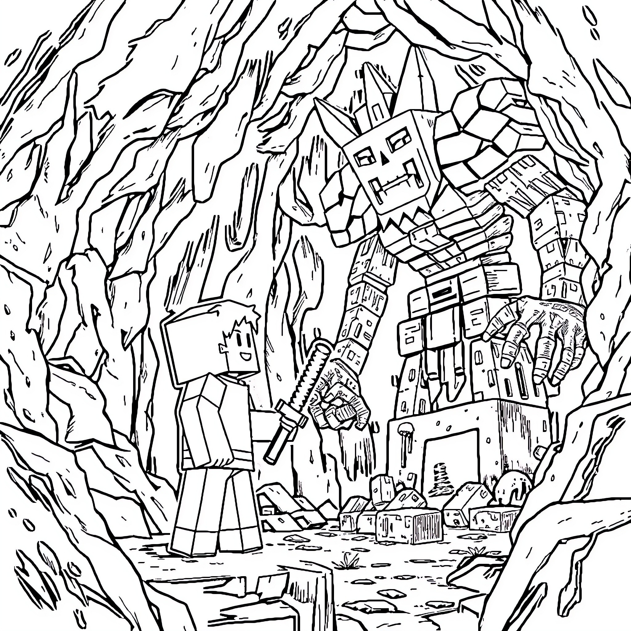 Steve explores the mystical cave of wonder Coloring Page (free black-and-white line drawing printable PDF for all, from beginners to advanced learners, including children, teens, adults, and seniors)