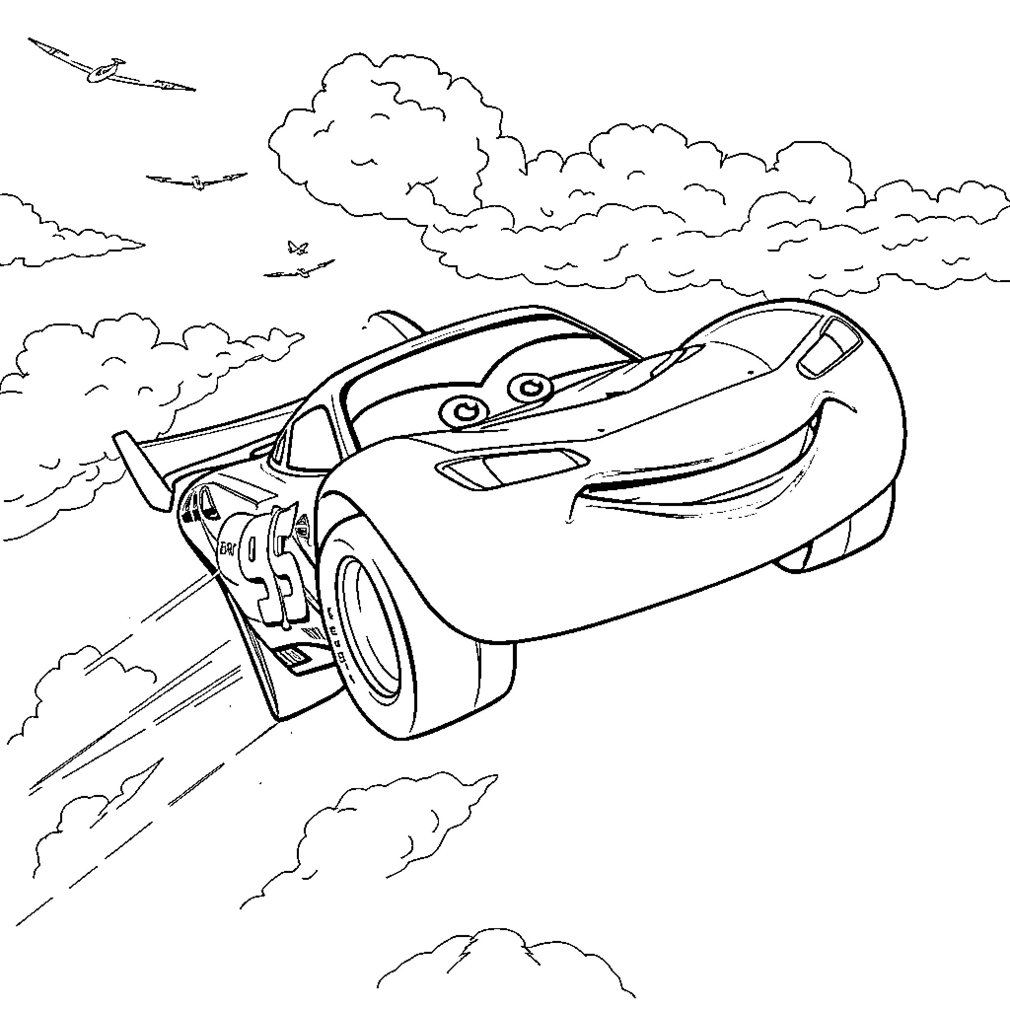 Lightning McQueen racing through the clouds Coloring Page (free black-and-white line drawing printable PDF for all, from beginners to advanced learners, including children, teens, adults, and seniors)