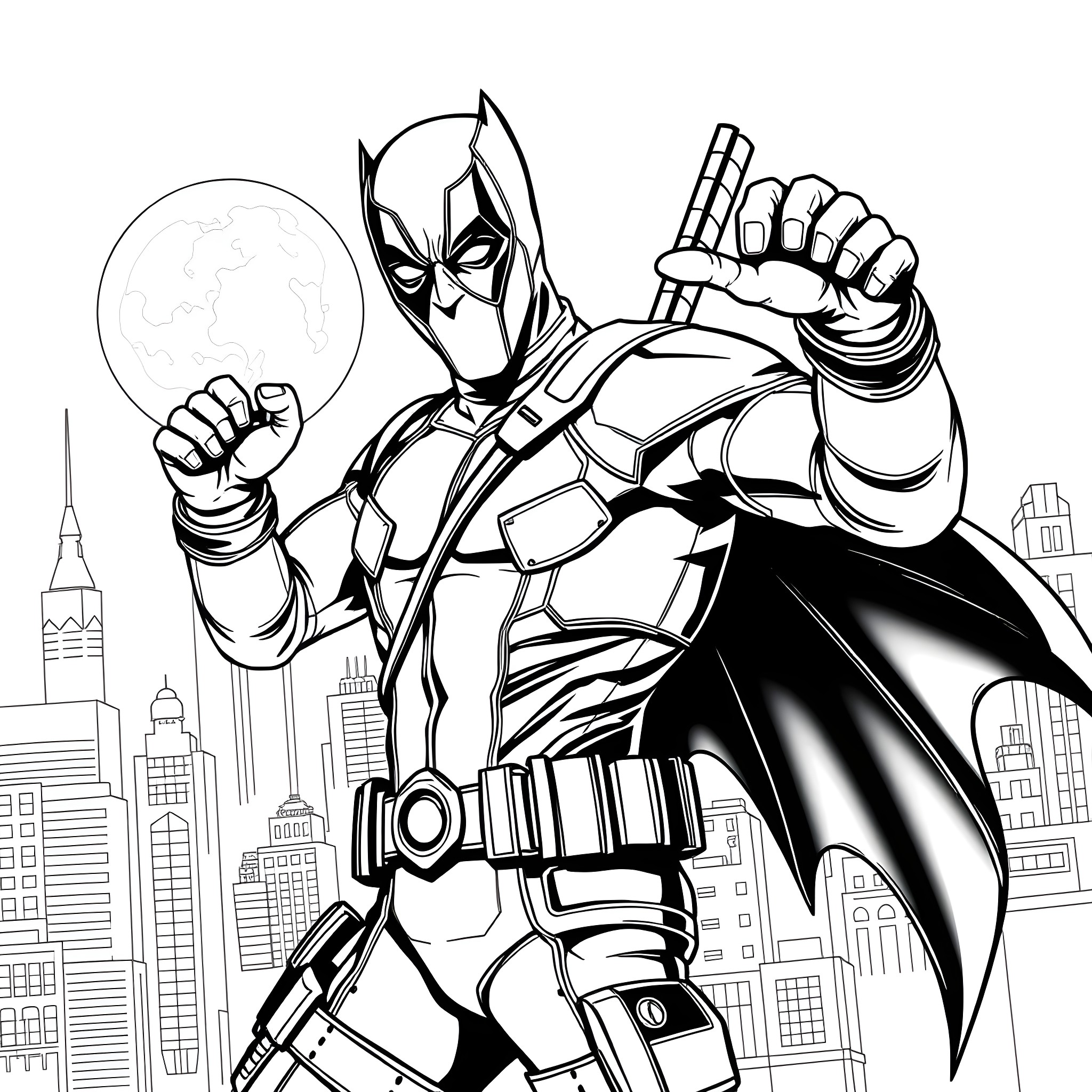 Deadpool Heroically Poses in the City Skyline Coloring Page (free black-and-white line drawing printable PDF for all, from beginners to advanced learners, including children, teens, adults, and seniors)