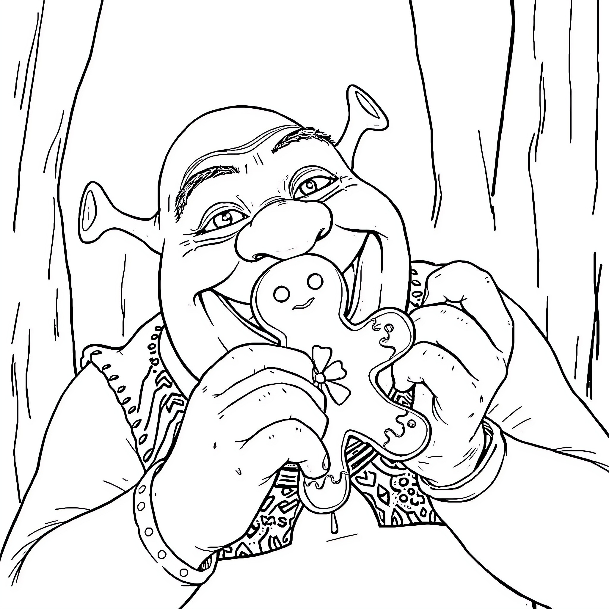 Shrek's Silly Antics in the Forest Coloring Page (free black-and-white line drawing printable PDF for all, from beginners to advanced learners, including children, teens, adults, and seniors)