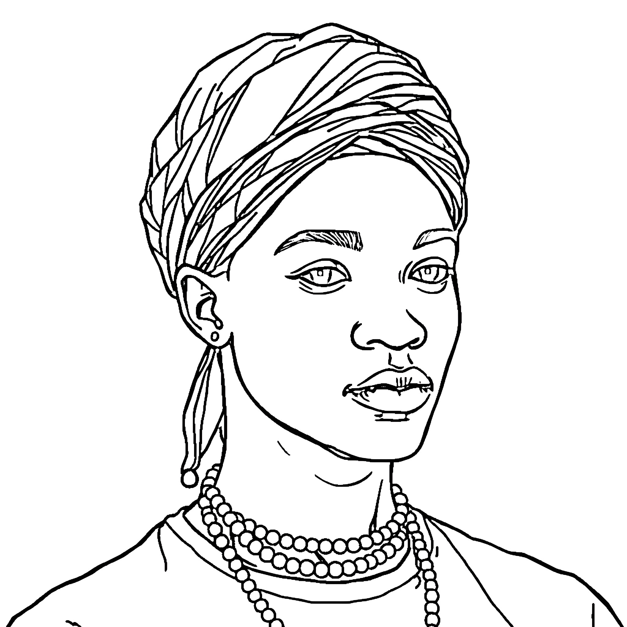 Person wearing traditional headscarf and jewelry Coloring Page (free black-and-white line drawing printable PDF for all, from beginners to advanced learners, including children, teens, adults, and seniors)