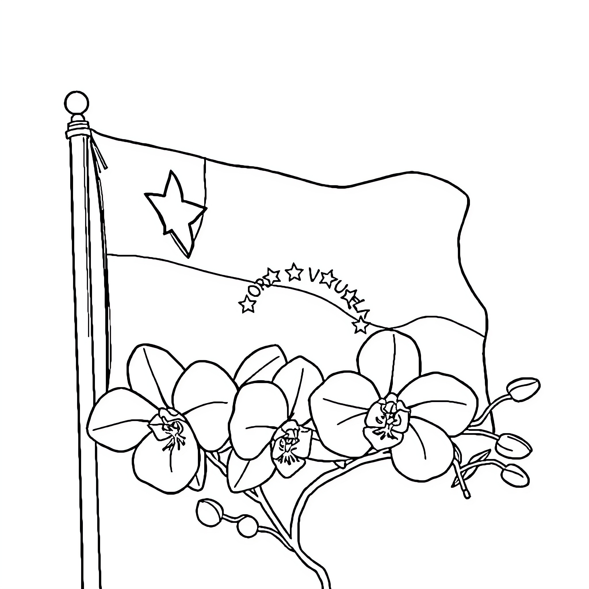 Flag with Floral Design Coloring Page (free black-and-white line drawing printable PDF for all, from beginners to advanced learners, including children, teens, adults, and seniors)