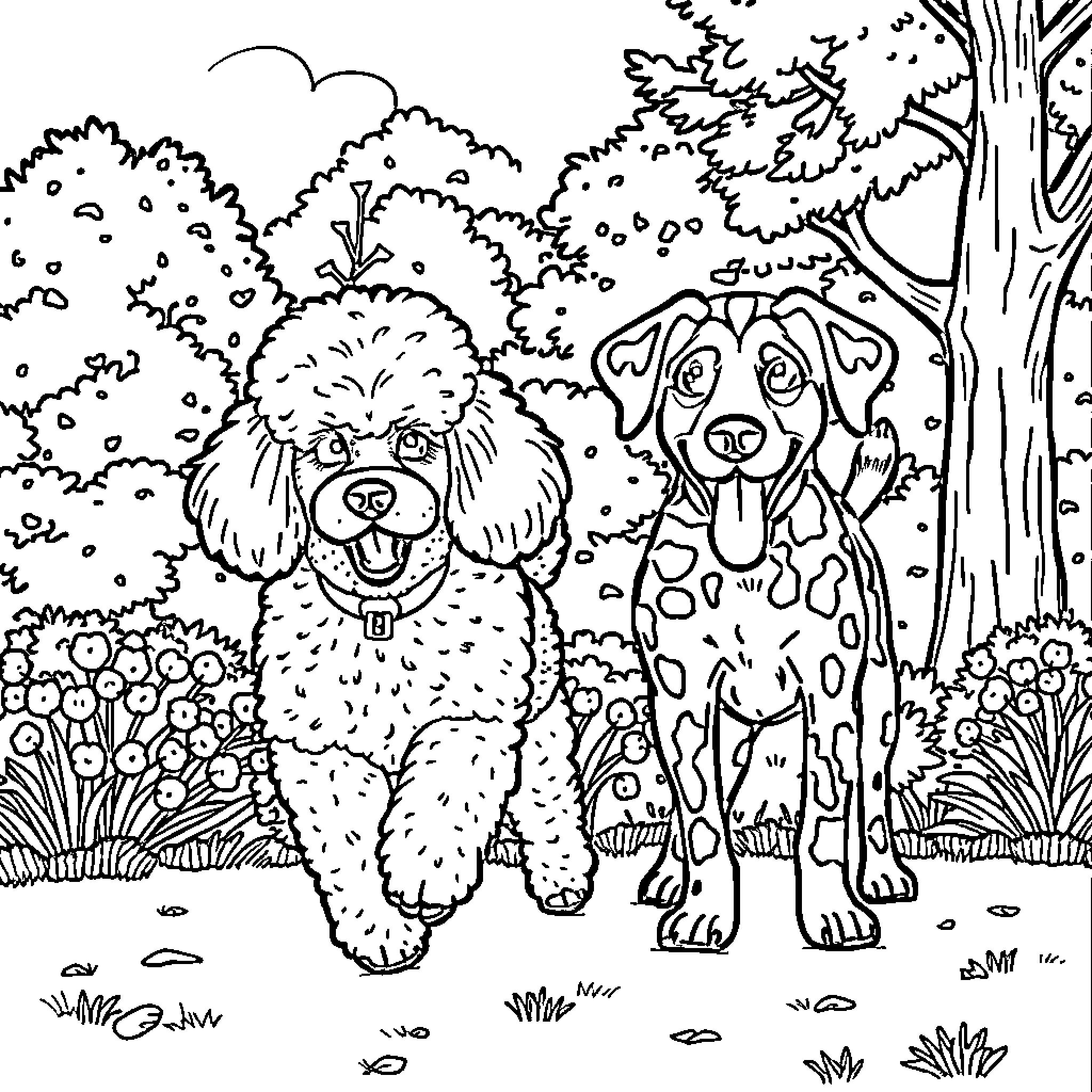 Poodle Pals Frolicking in the Forest Coloring Page (free black-and-white line drawing printable PDF for all, from beginners to advanced learners, including children, teens, adults, and seniors)