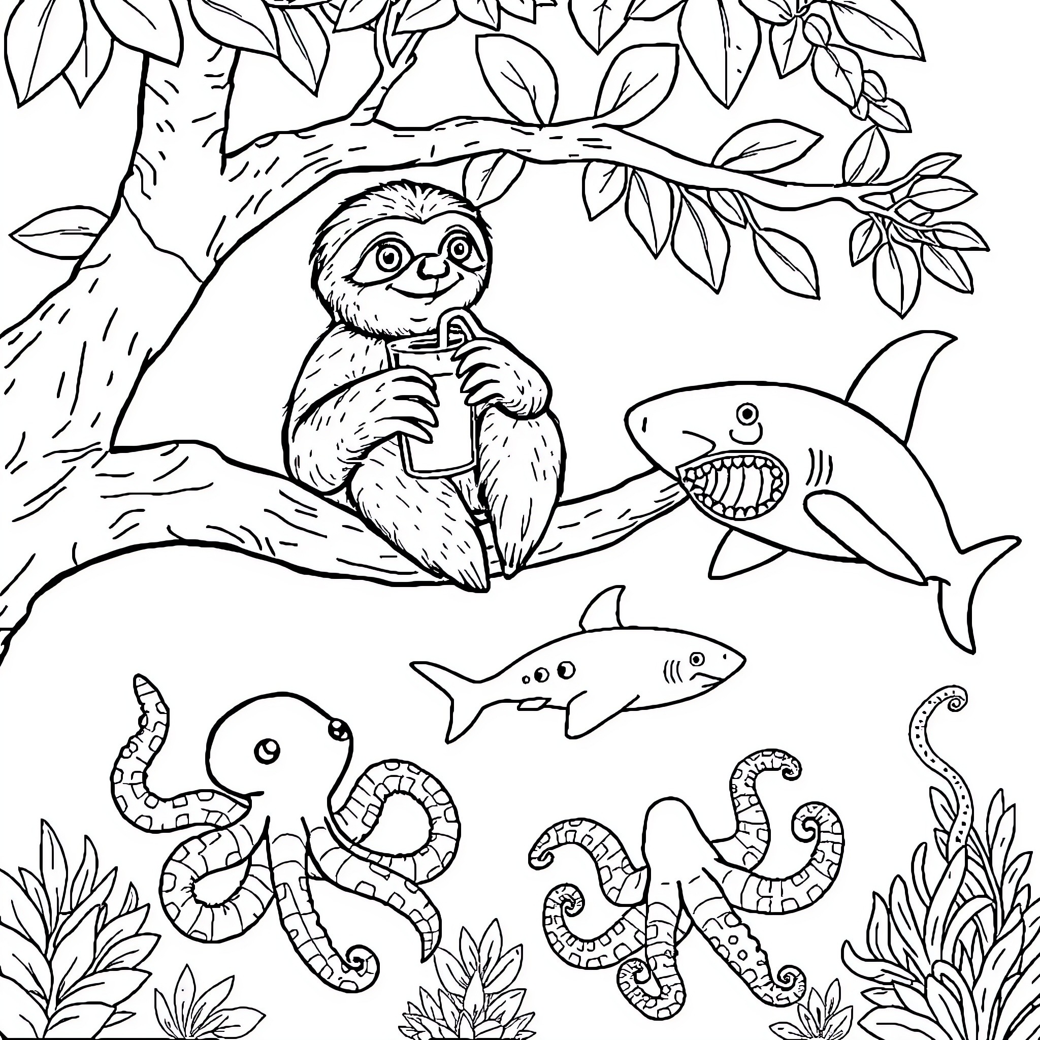 Sloth relaxing with sea creatures in lush forest Coloring Page (free black-and-white line drawing printable PDF for all, from beginners to advanced learners, including children, teens, adults, and seniors)