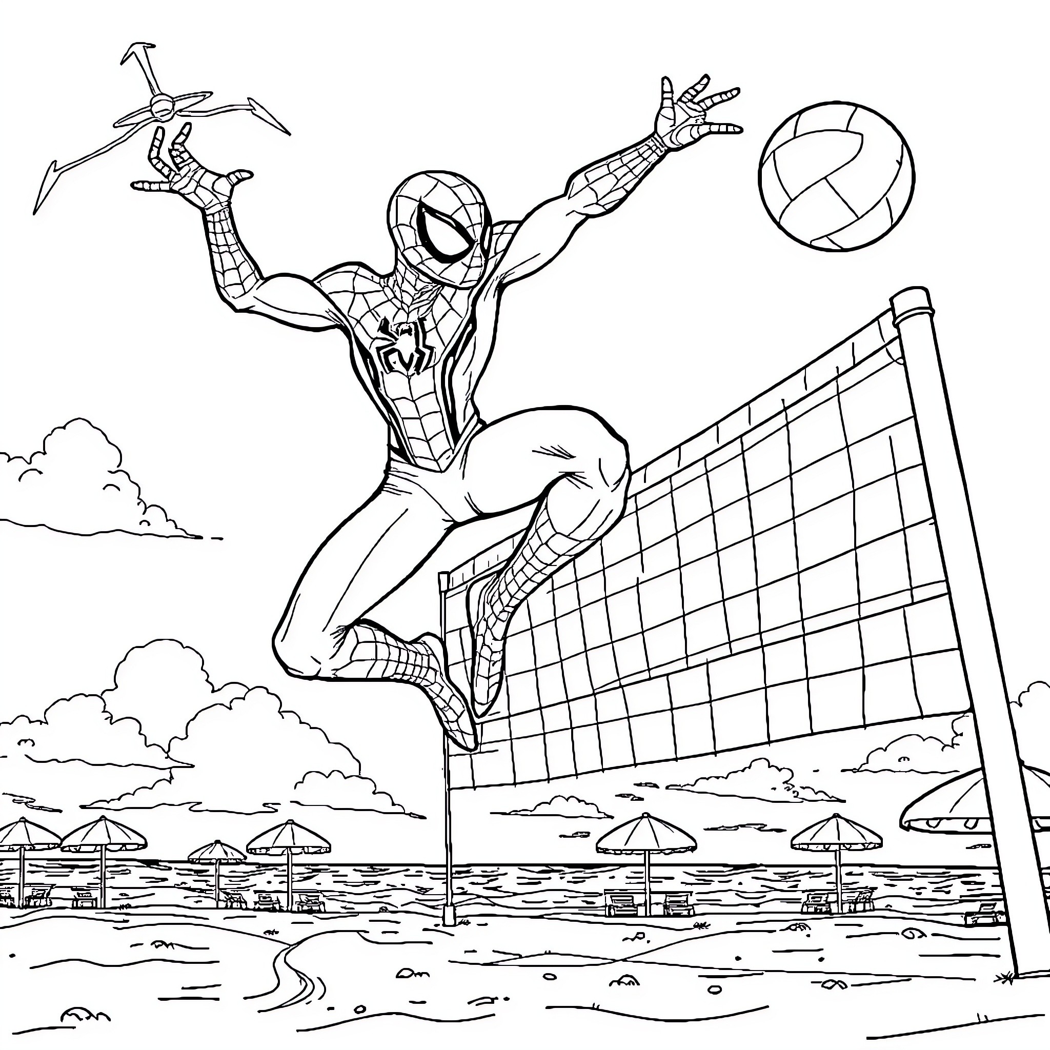 Spider-Man swinging and web-slinging over beachside scene Coloring Page (free black-and-white line drawing printable PDF for all, from beginners to advanced learners, including children, teens, adults, and seniors)