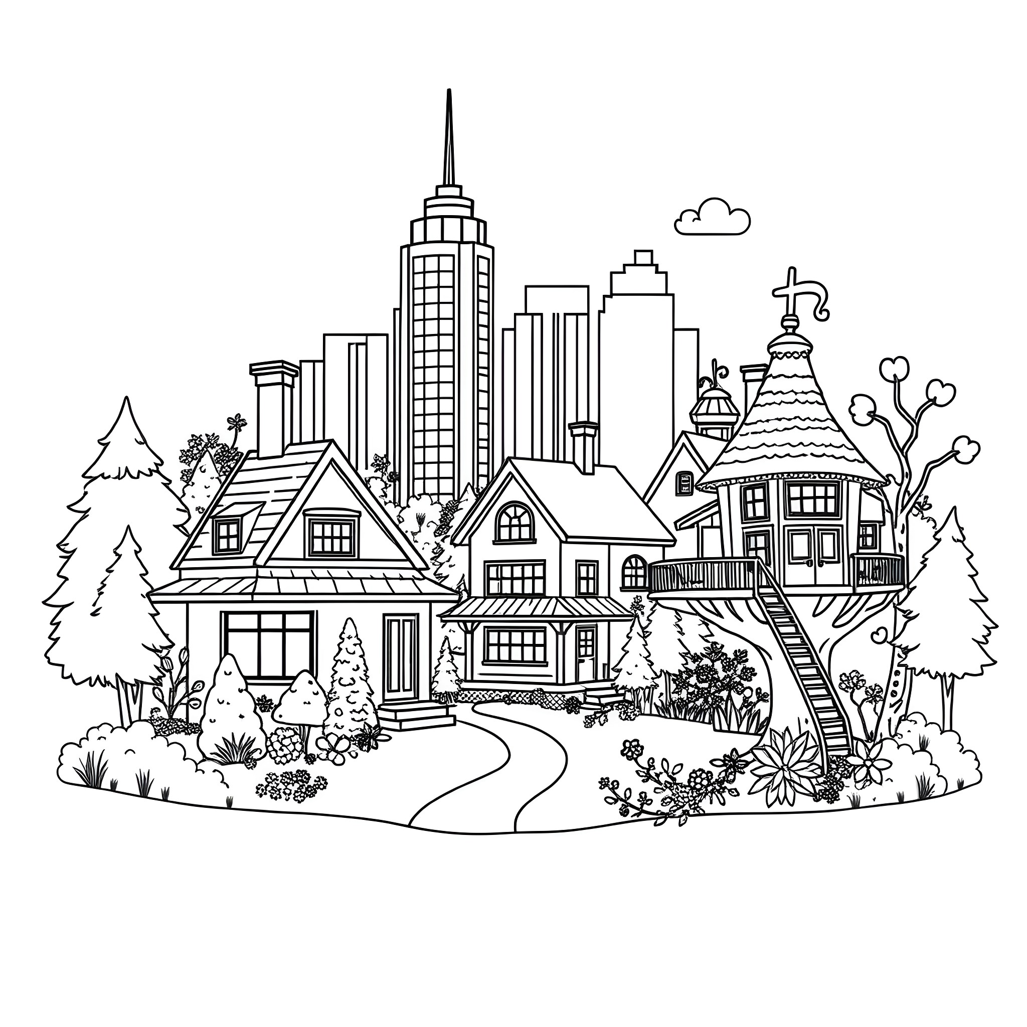 House surrounded by idyllic countryside Coloring Page (free black-and-white line drawing printable PDF for all, from beginners to advanced learners, including children, teens, adults, and seniors)
