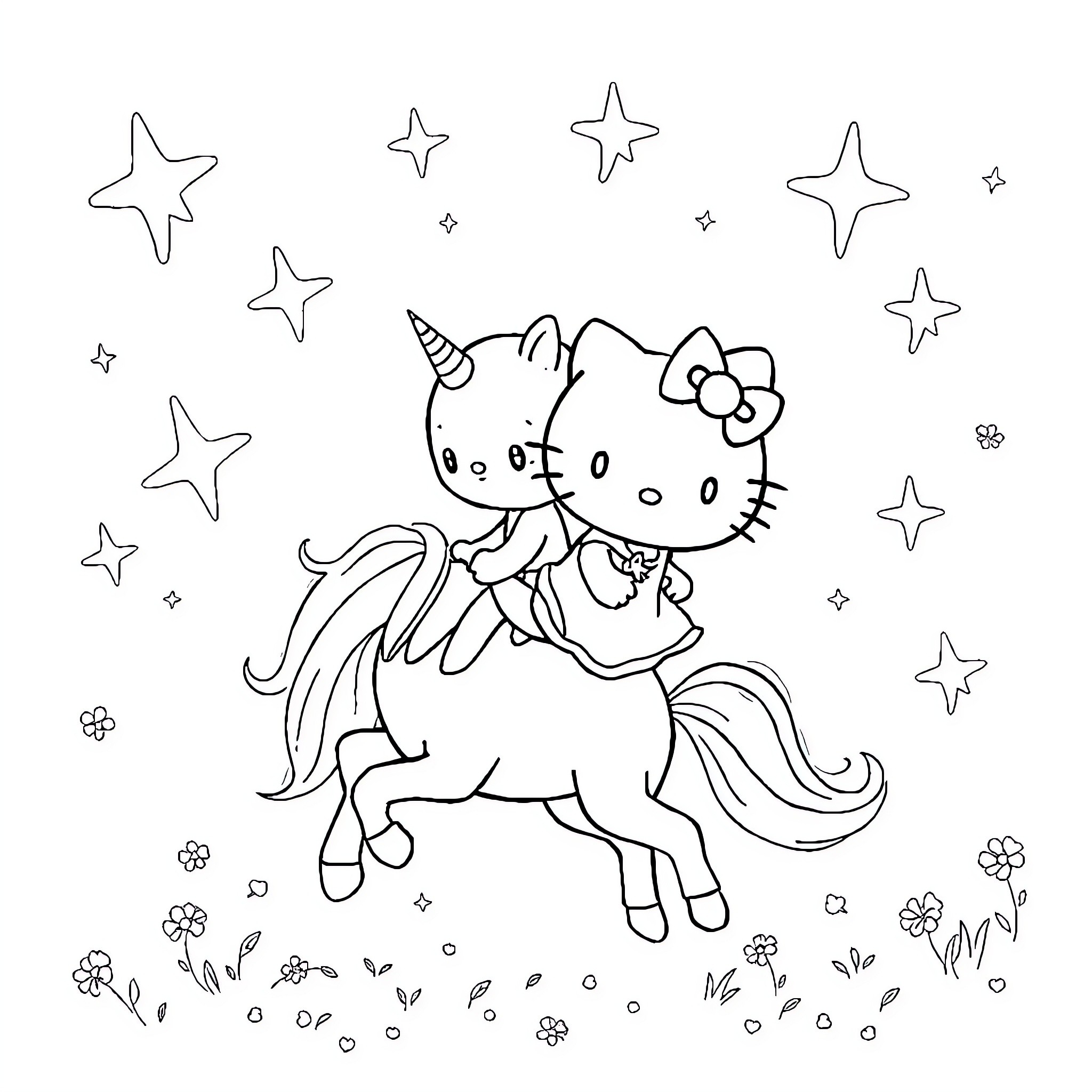Cinnamoroll riding a magical unicorn under the stars Coloring Page (free black-and-white line drawing printable PDF for all, from beginners to advanced learners, including children, teens, adults, and seniors)