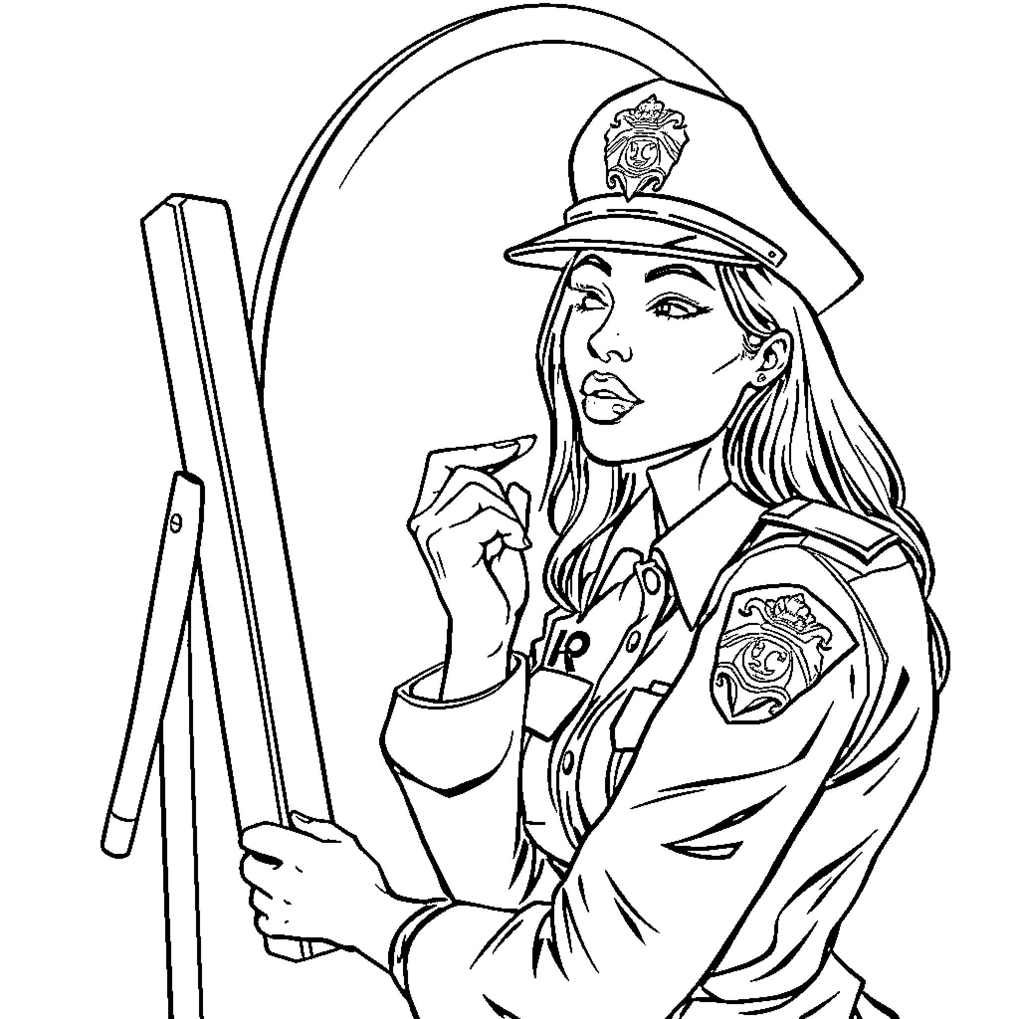 Police Officer in Uniform Holding Baton Coloring Page (free black-and-white line drawing printable PDF for all, from beginners to advanced learners, including children, teens, adults, and seniors)