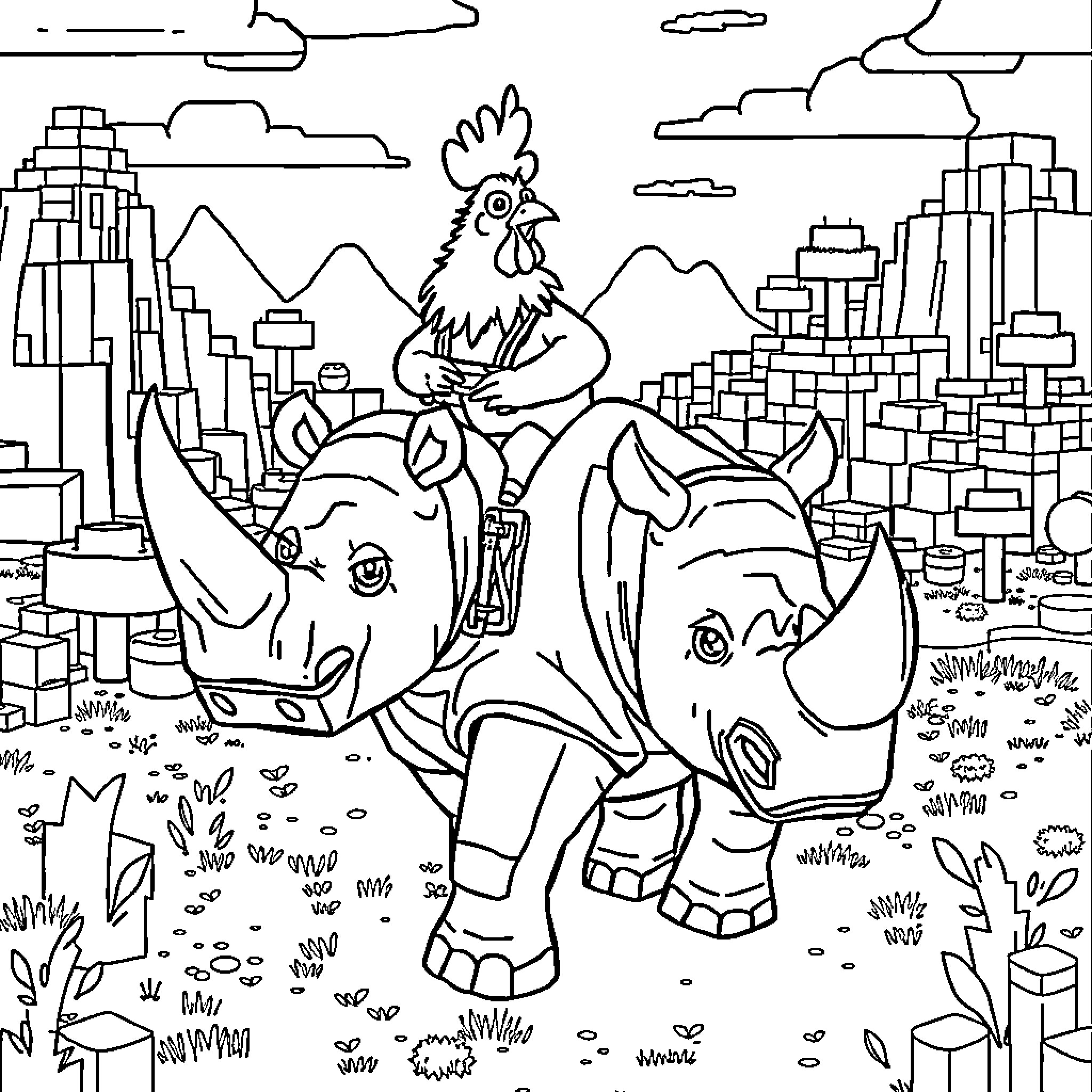 Jockey riding elephant through urban landscape Coloring Page (free black-and-white line drawing printable PDF for all, from beginners to advanced learners, including children, teens, adults, and seniors)