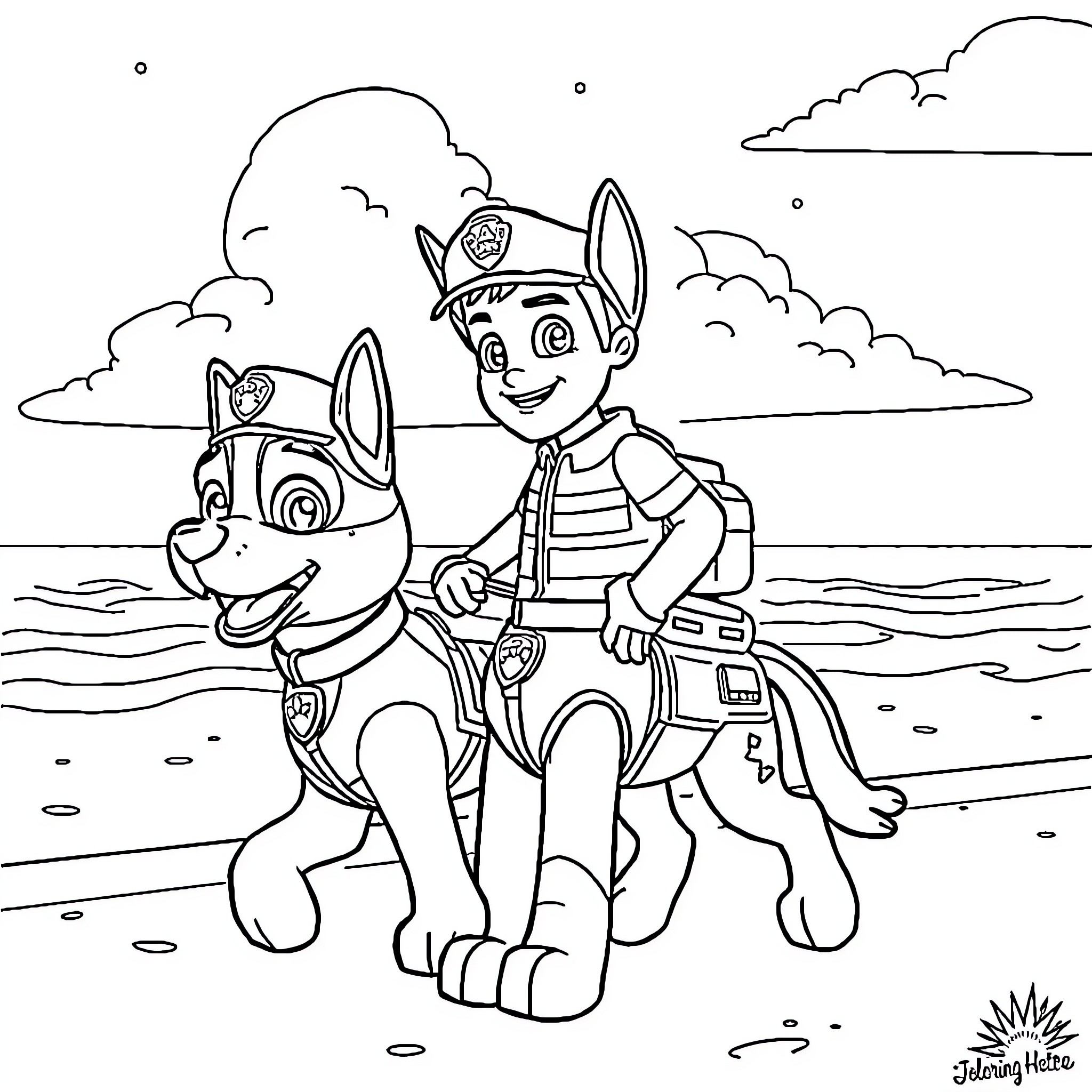 Paw Patrol characters on a beach adventure Coloring Page (free black-and-white line drawing printable PDF for all, from beginners to advanced learners, including children, teens, adults, and seniors)