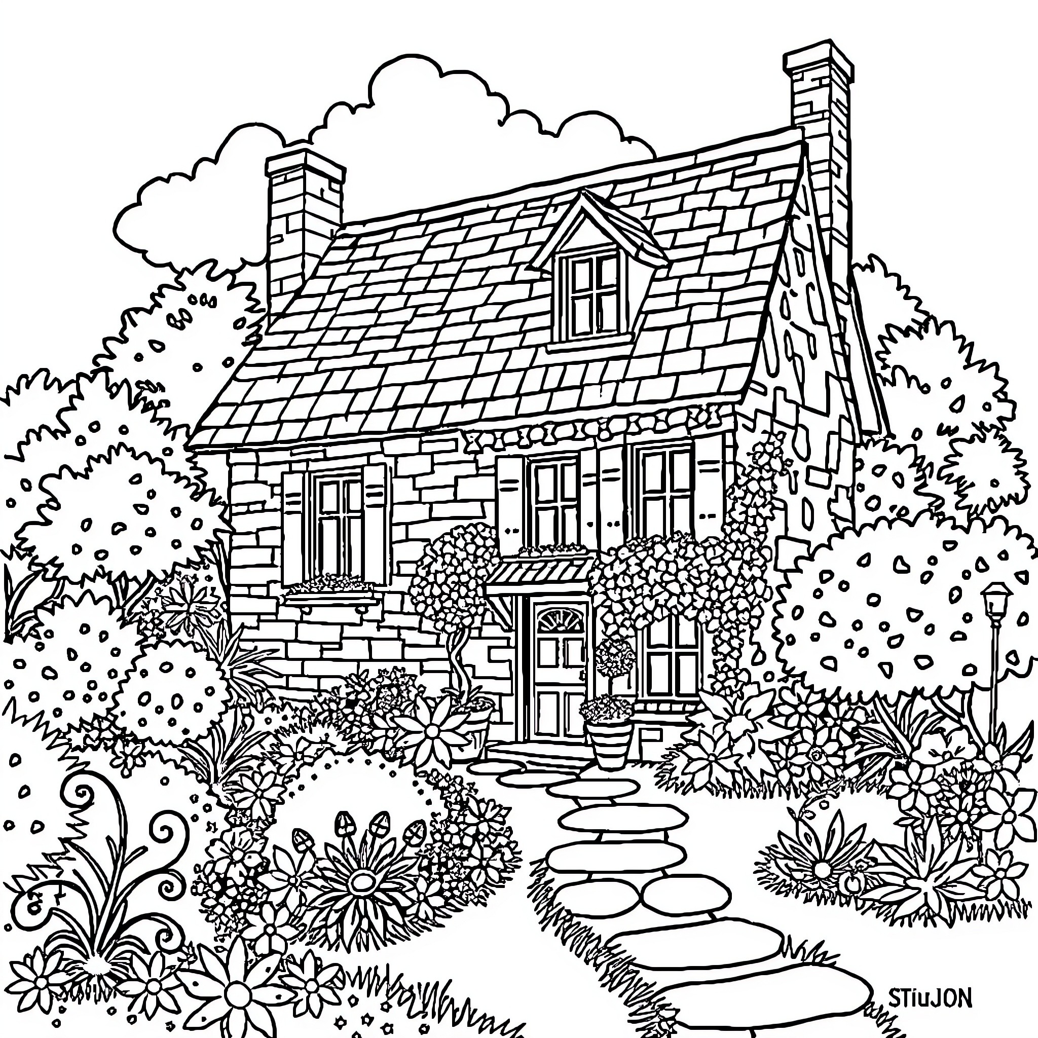 House in a Blooming Garden with Stone Path Coloring Page (free black-and-white line drawing printable PDF for all, from beginners to advanced learners, including children, teens, adults, and seniors)