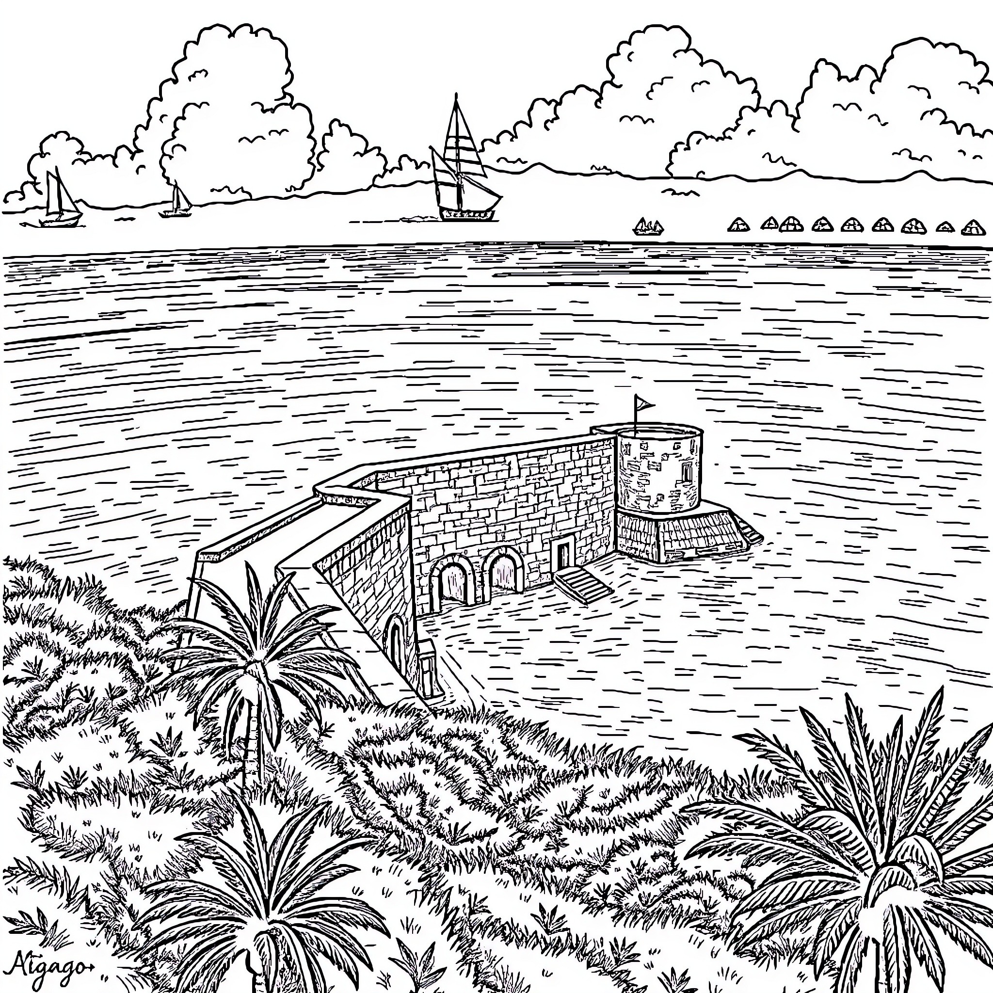 Fort with Sailing Ships on the Bay Coloring Page (free black-and-white line drawing printable PDF for all, from beginners to advanced learners, including children, teens, adults, and seniors)