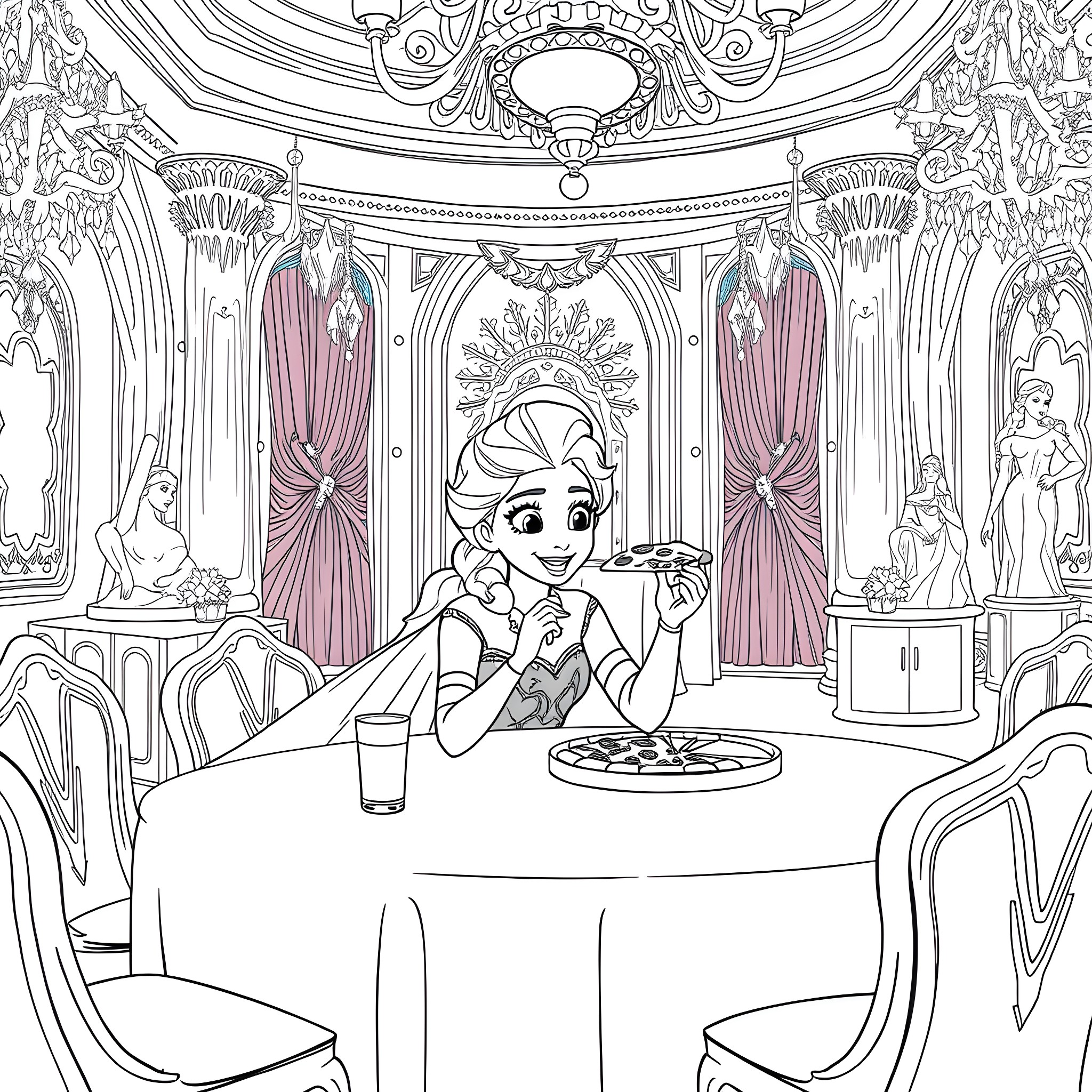 Elsa enjoying a lavish dinner in a grand palace Coloring Page (free black-and-white line drawing printable PDF for all, from beginners to advanced learners, including children, teens, adults, and seniors)